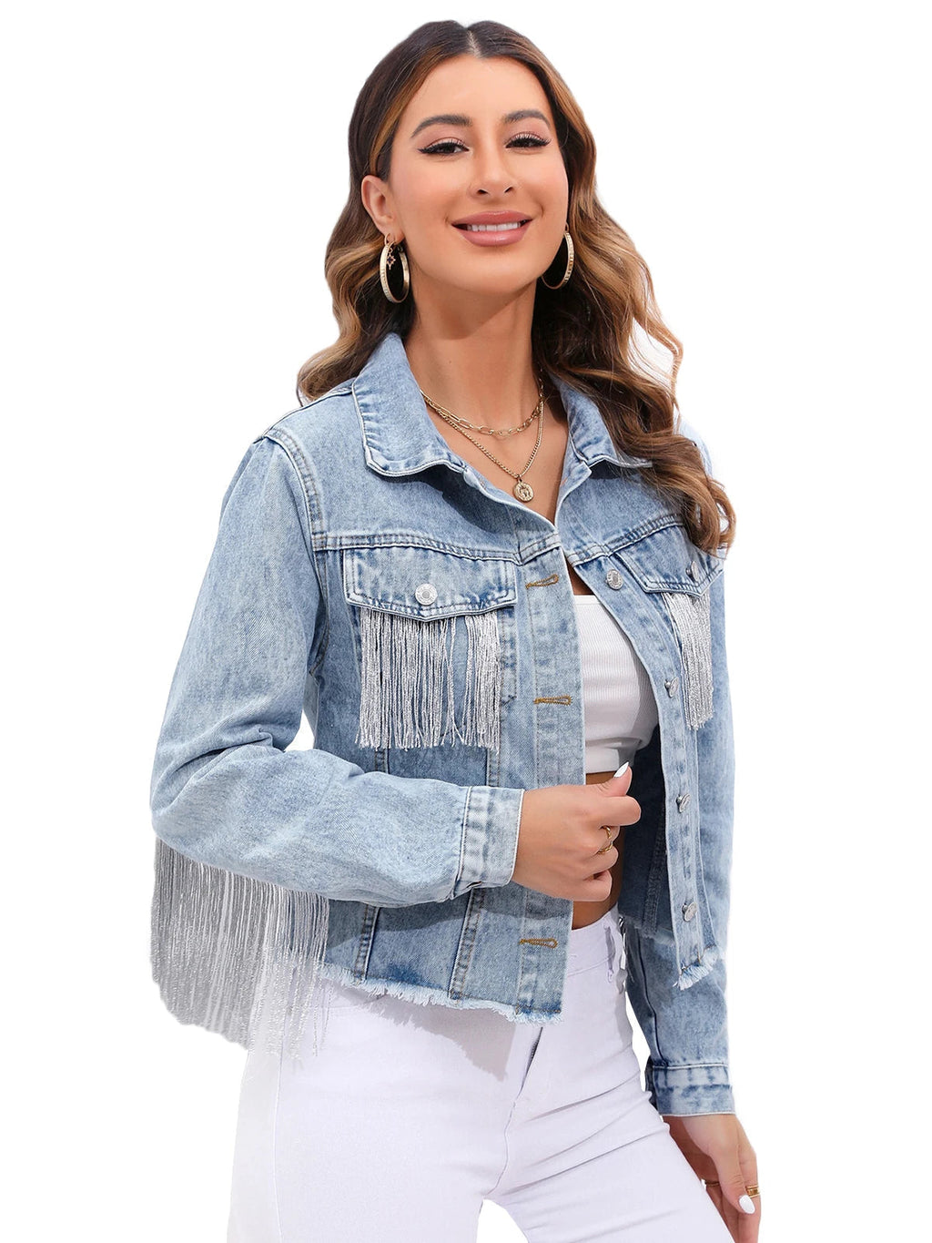 Rosaria | Short Denim Jacket with Frange & Fit Structured