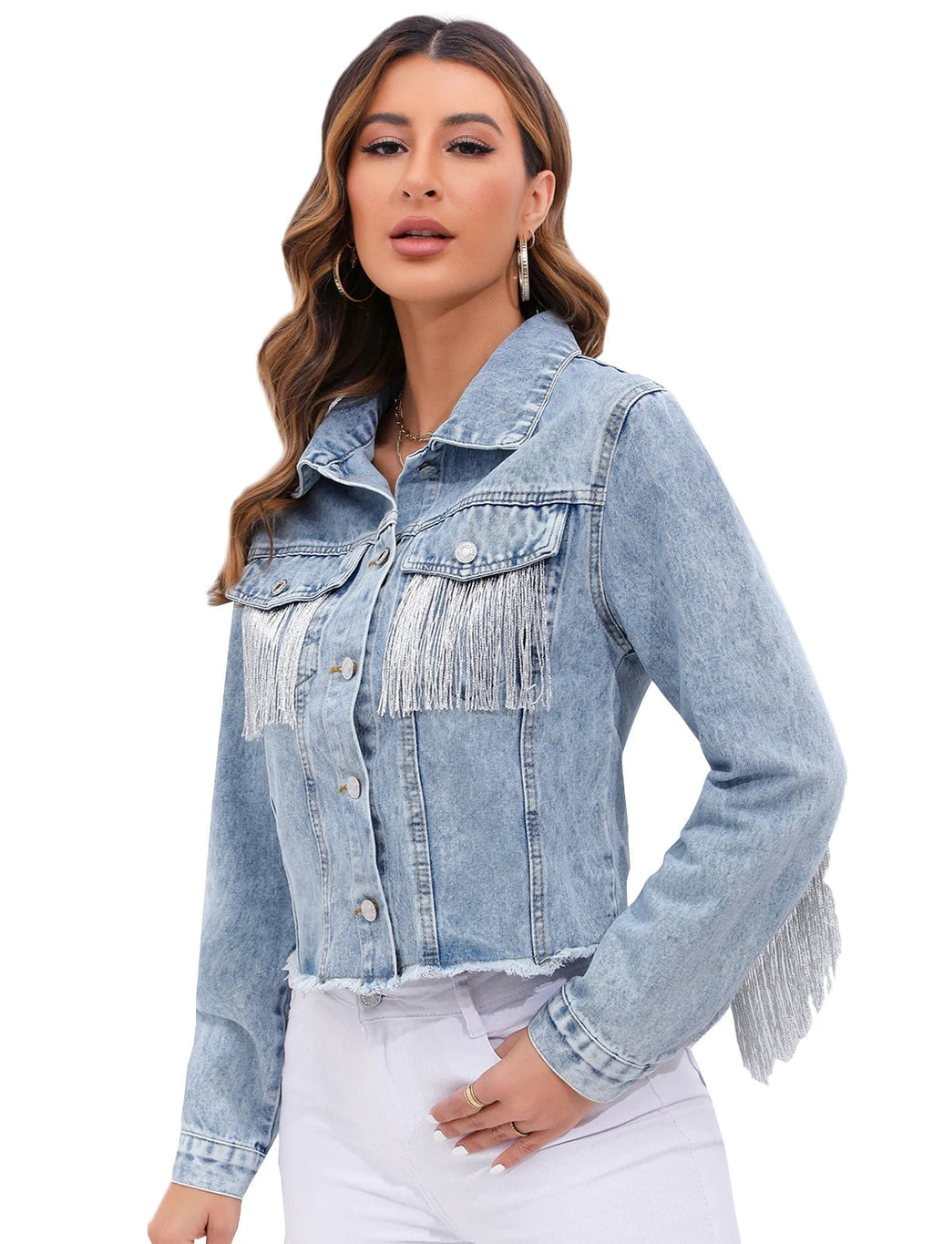 Rosaria | Short Denim Jacket with Frange & Fit Structured