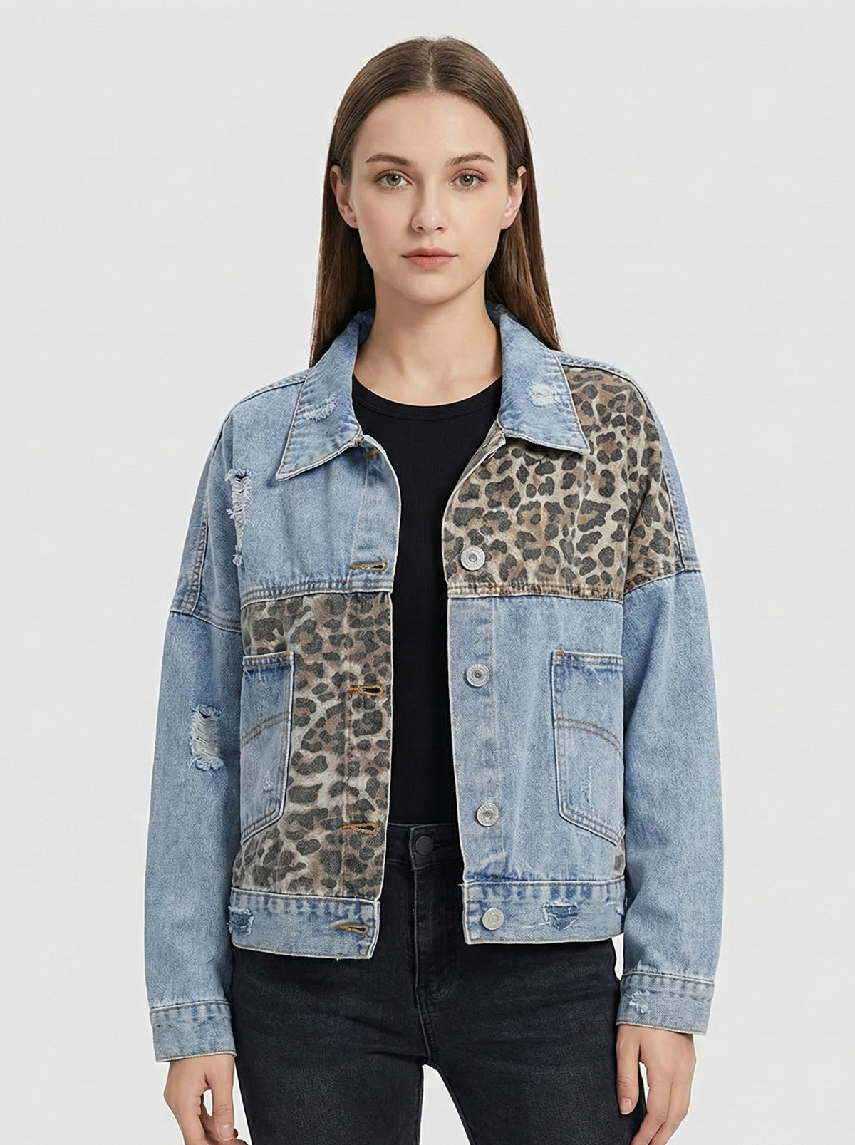 Paolina | Denim jacket with leopard print inserts and distressed details