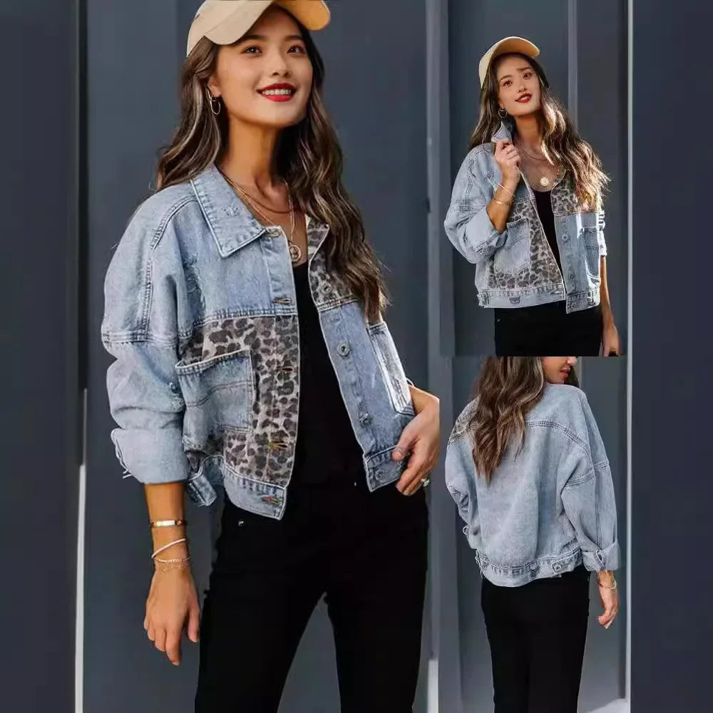 Paolina | Denim Jacket with Inserti Leopardati & Details Consumati