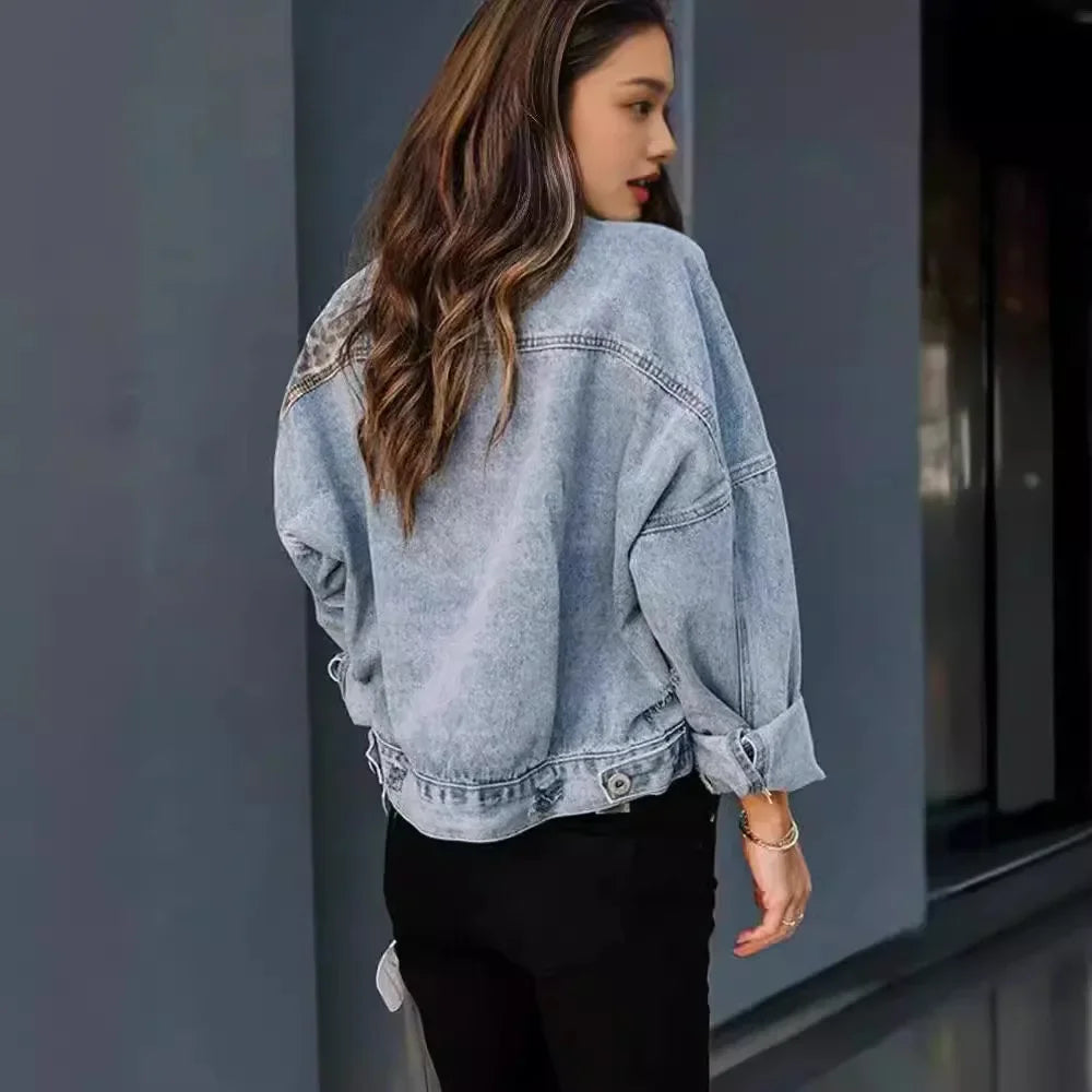 Paolina | Denim Jacket with Inserti Leopardati & Details Consumati