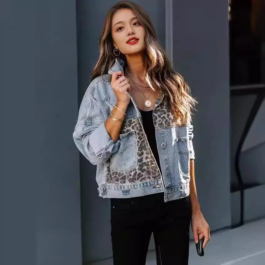 Paolina | Denim Jacket with Inserti Leopardati & Details Consumati