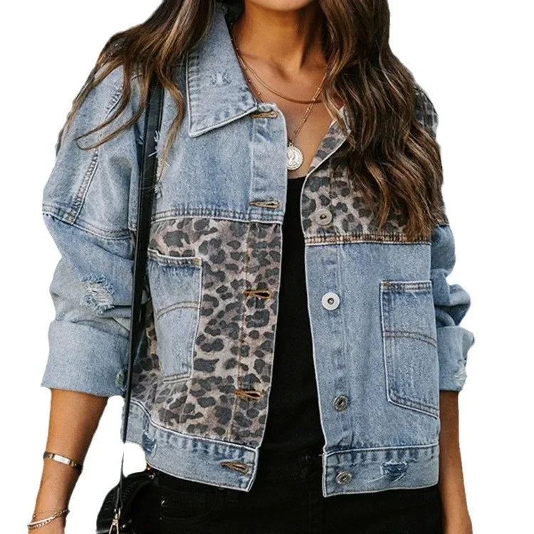 Paolina | Denim Jacket with Inserti Leopardati & Details Consumati