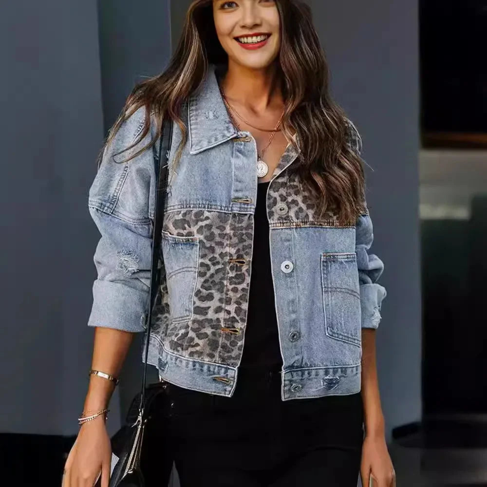 Paolina | Denim jacket with leopard print inserts and distressed details
