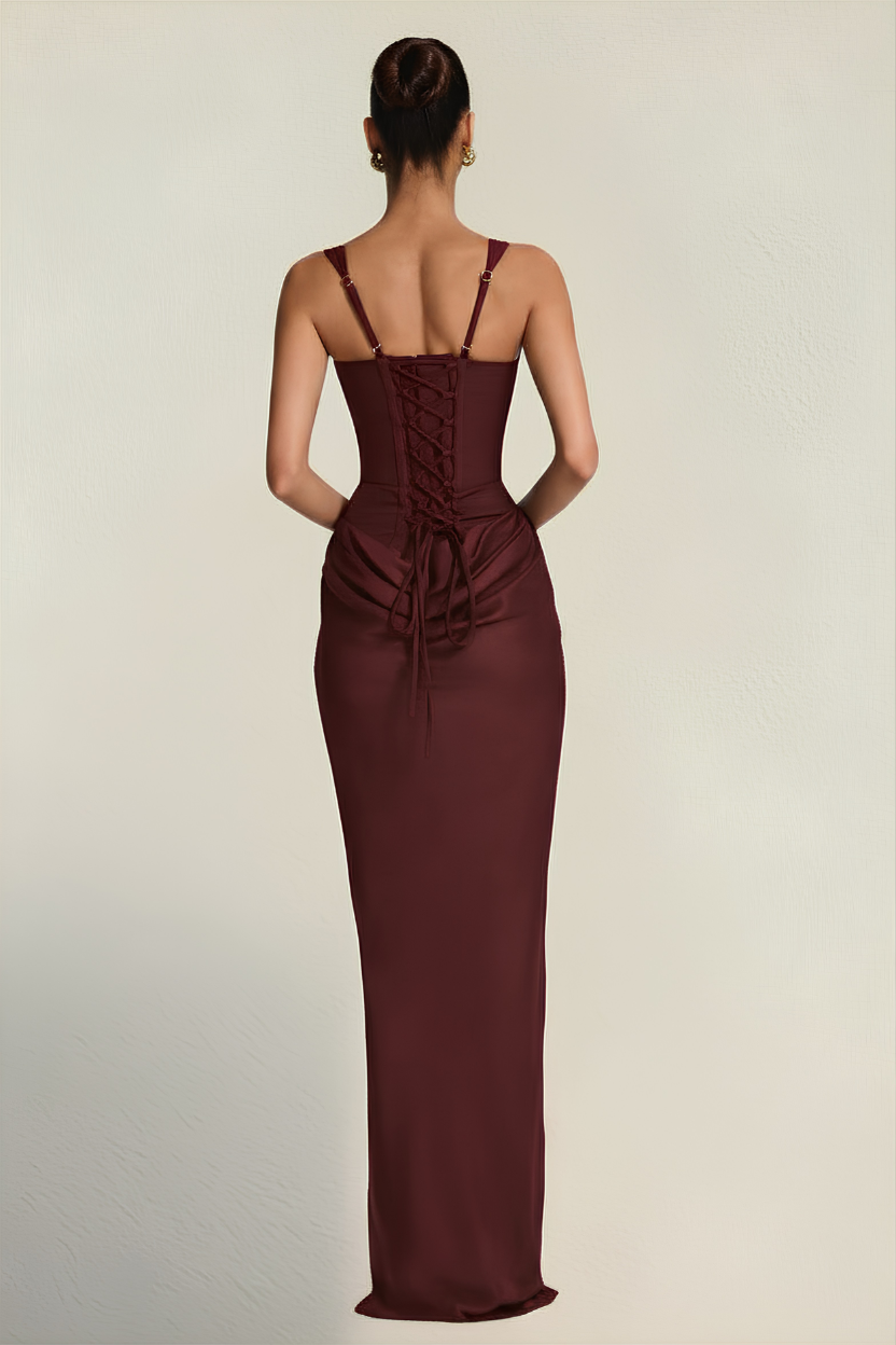 Elara – Corset Effect Sculpted Burgundy Dress