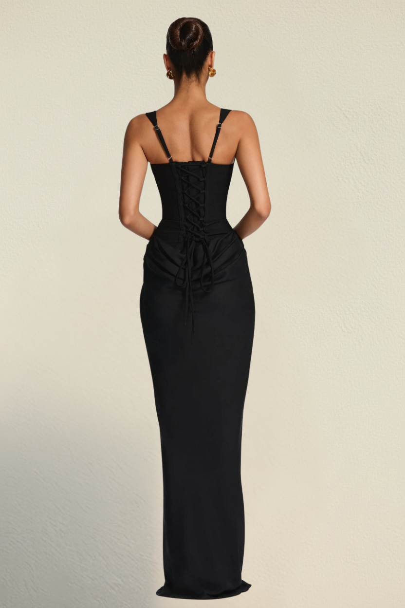 Elara – Corset Effect Sculpted Black Dress