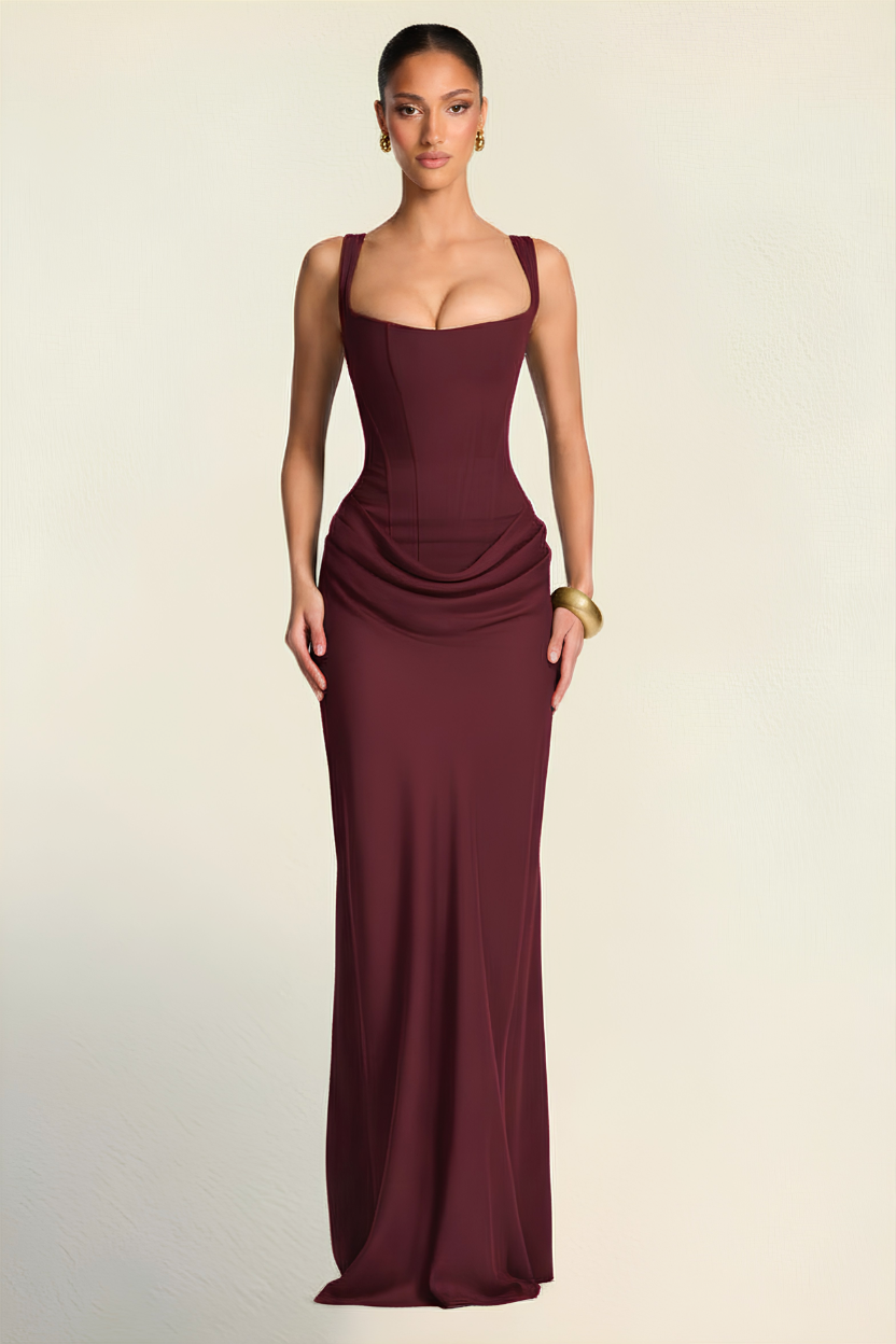 Elara – Corset Effect Sculpted Burgundy Dress