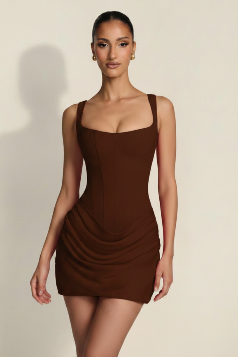 Elara – Mini Corset Effect Silhouette Chocolate Dress
