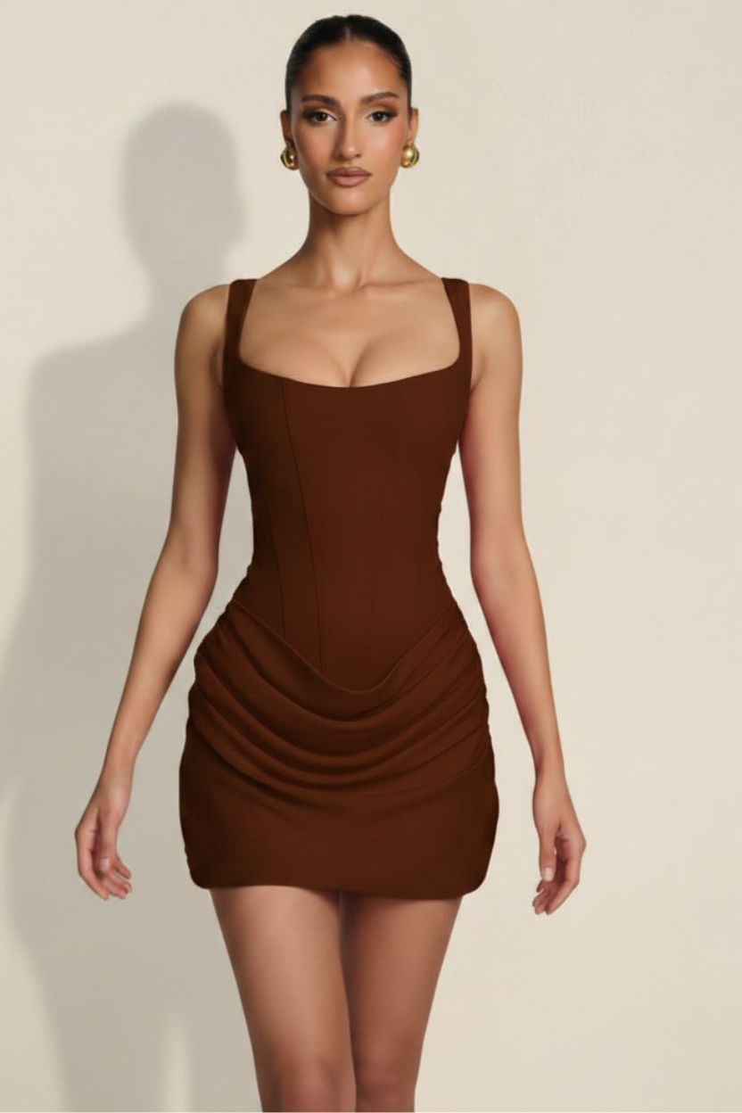 Elara – Mini Corset Effect Silhouette Chocolate Dress