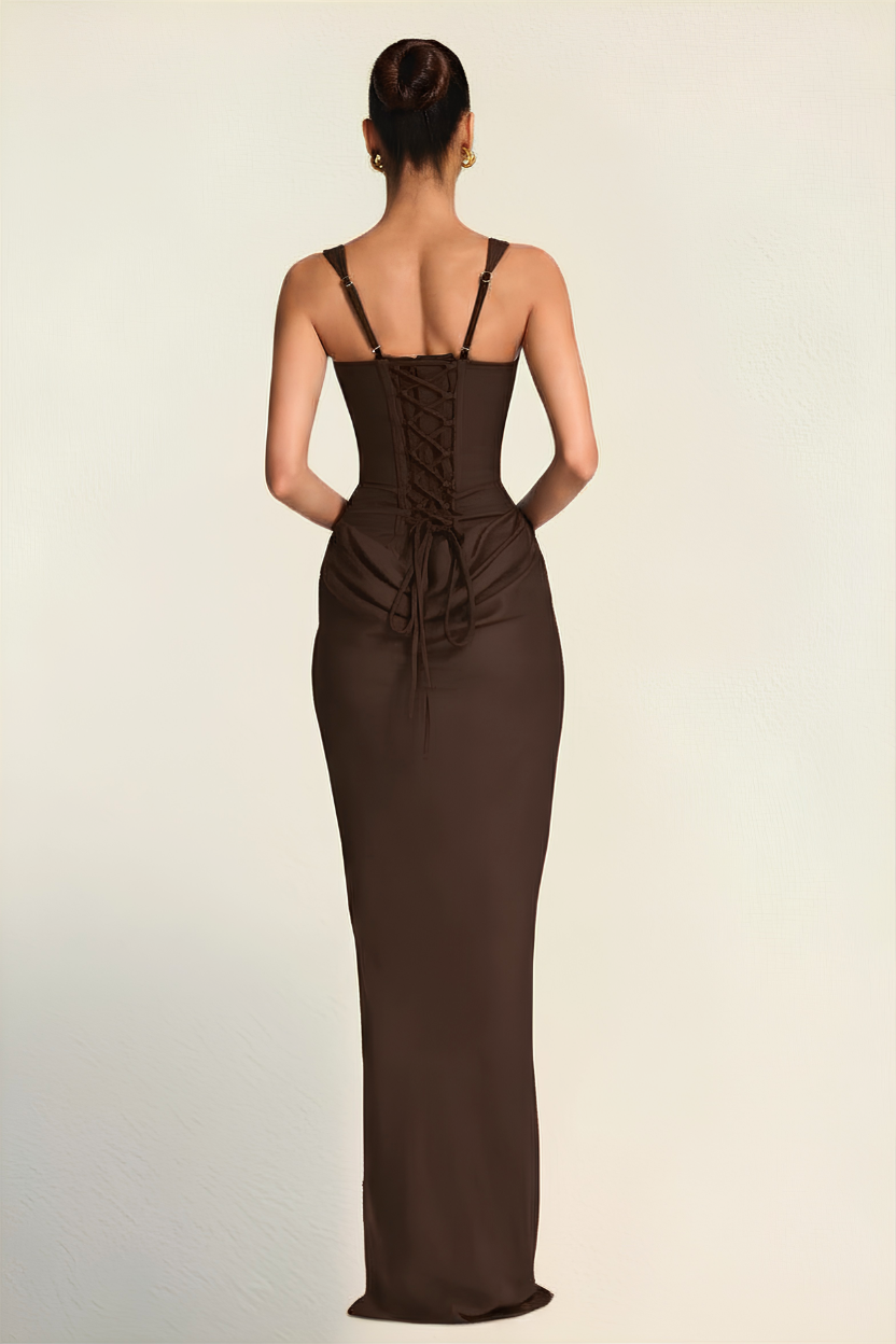 Elara – Corset Effect Sculpted Chocolate Dress