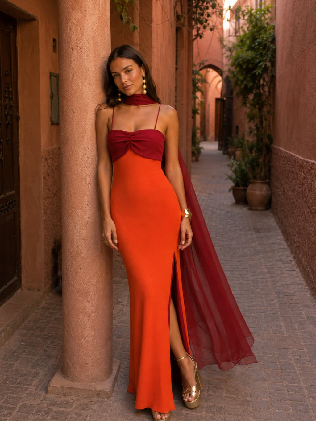 Long Draped Two-Tone Dress