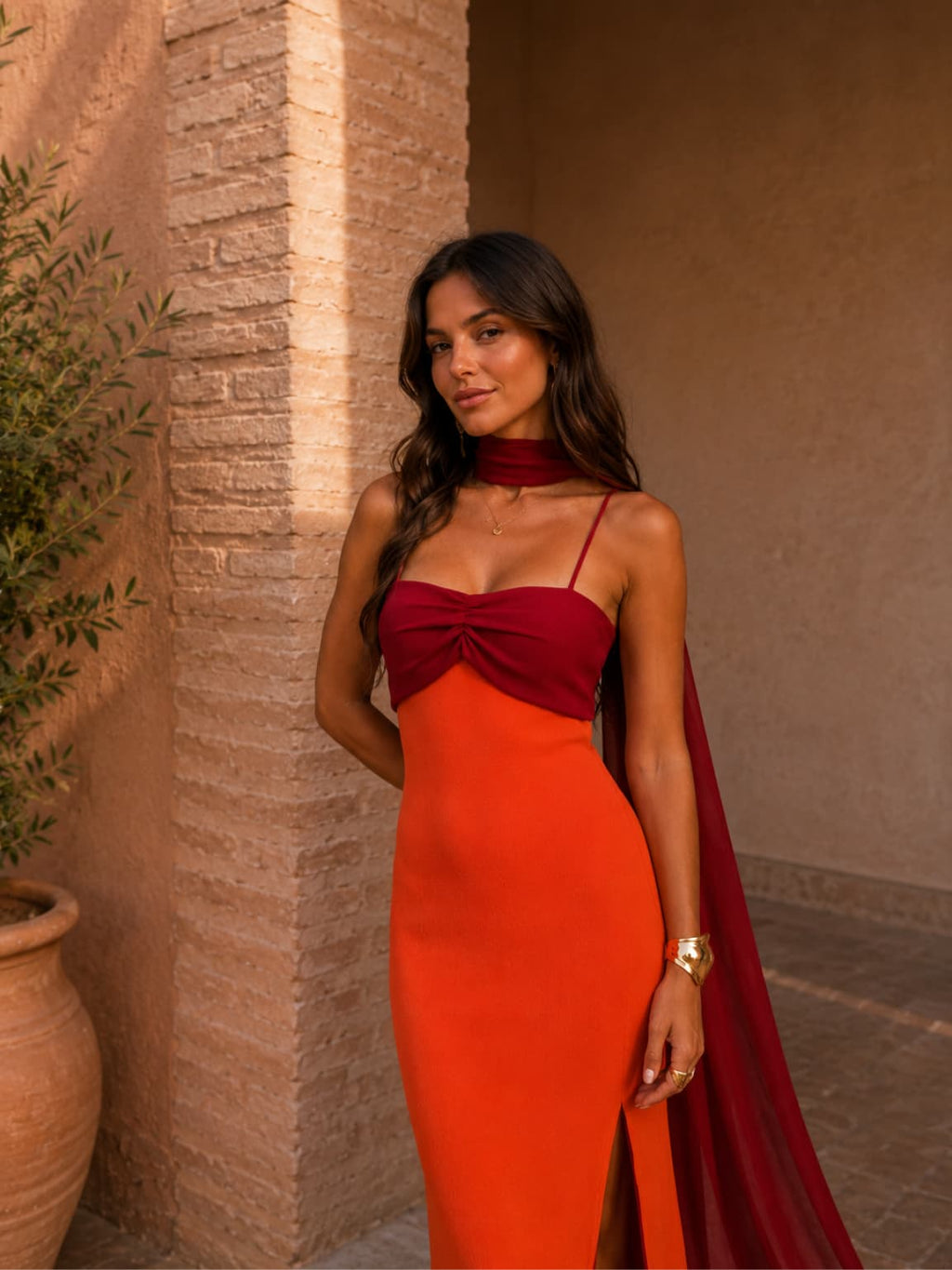 Long Draped Two-Tone Dress
