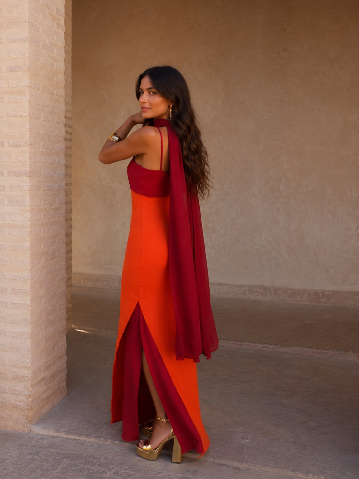 Long Draped Two-Tone Dress