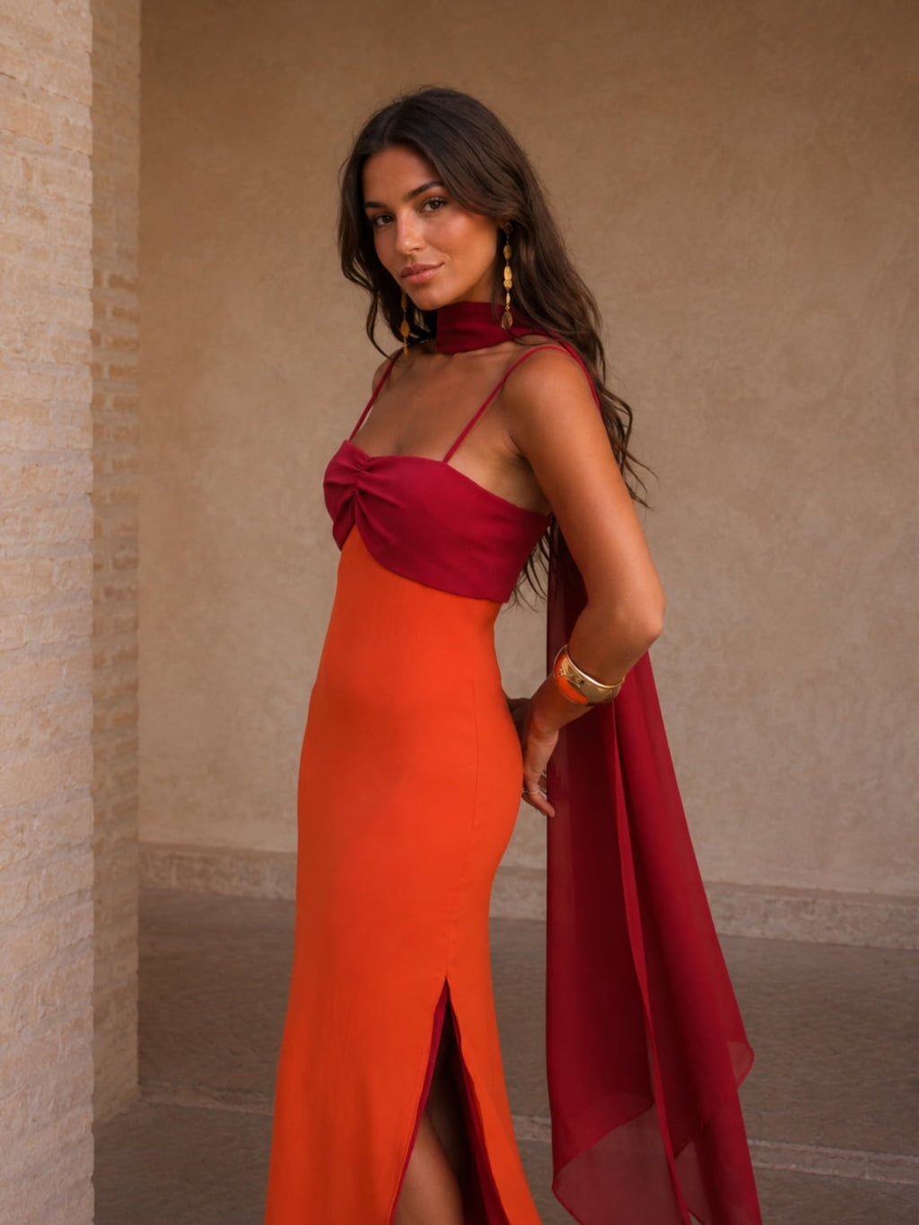 Long Draped Two-Tone Dress