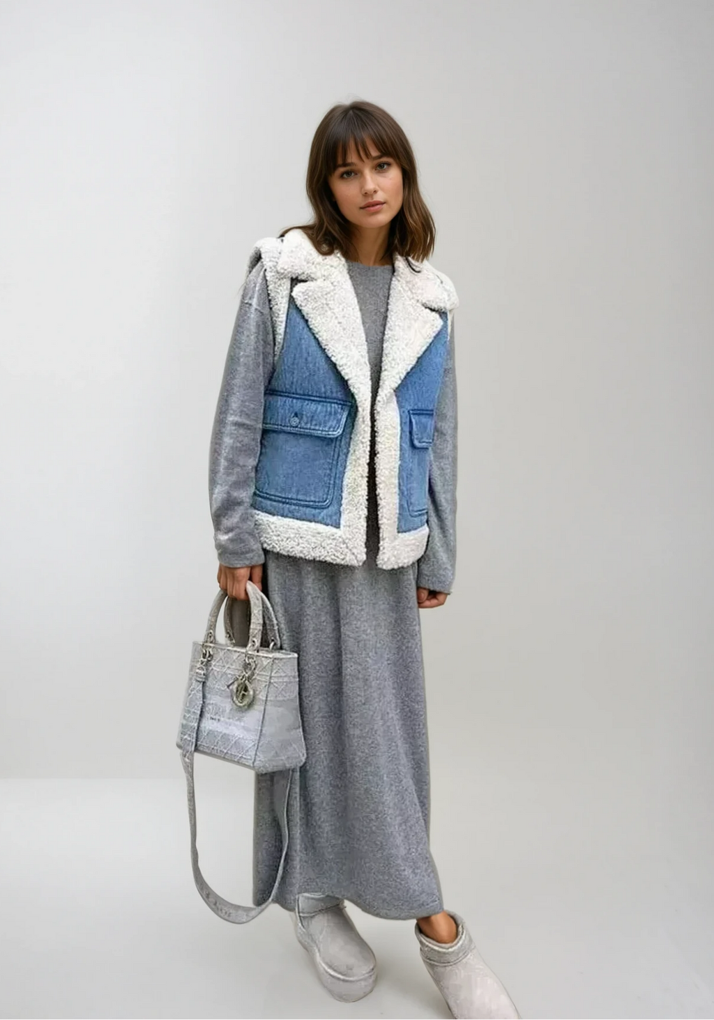 Petronilla | Vintage Denim Vest with Shearling Faux