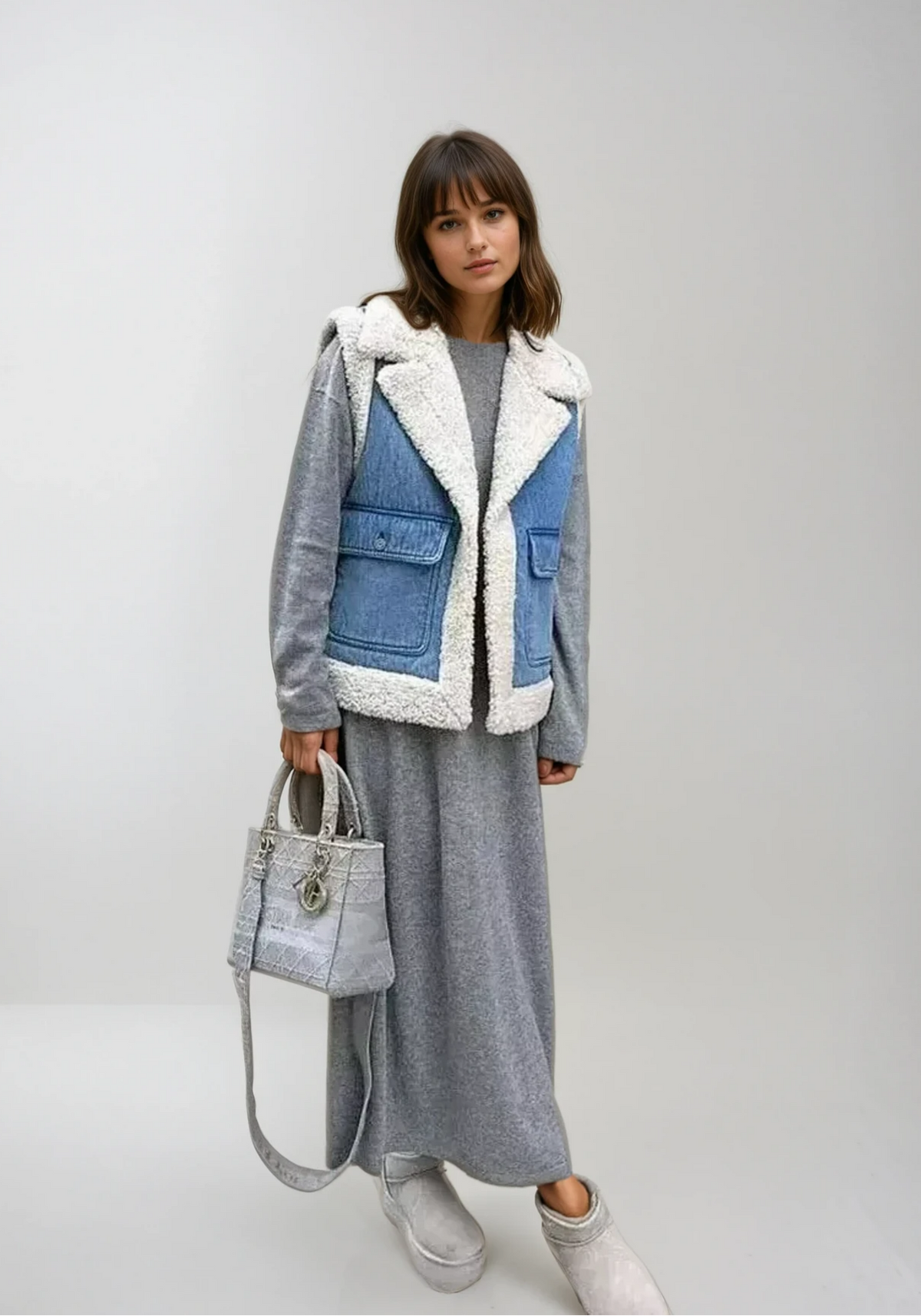Petronilla | Vintage Denim Vest with Shearling Faux