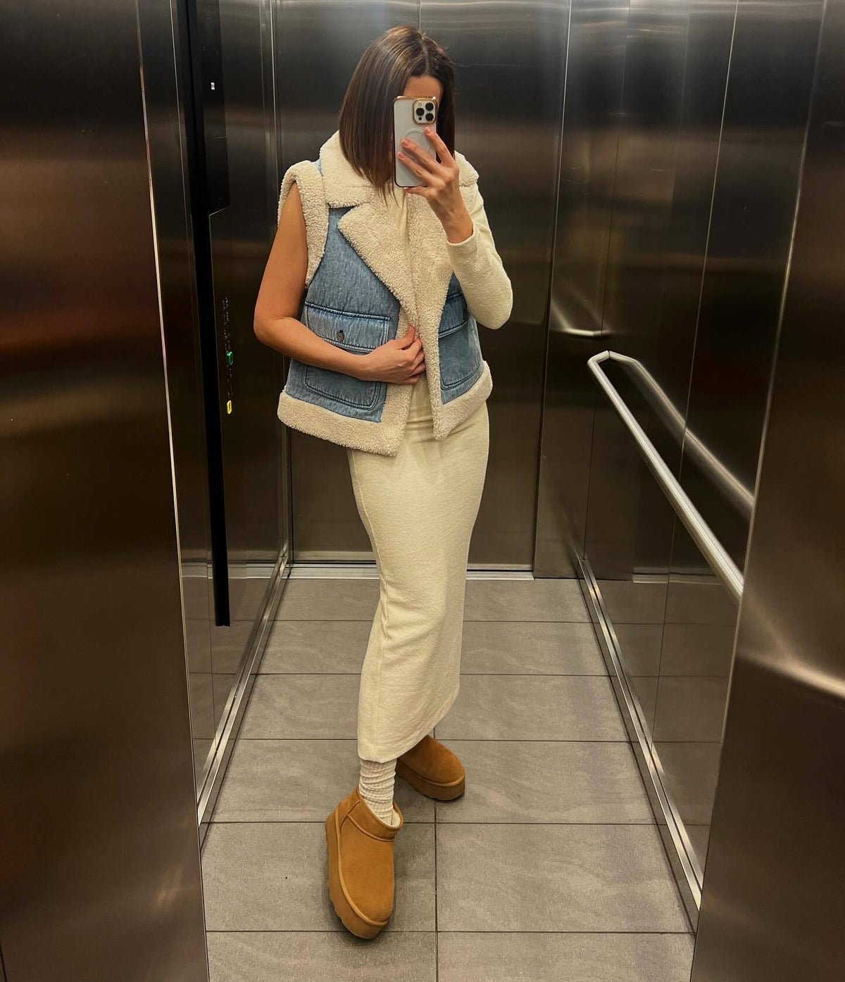Petronilla | Vintage Denim Vest with Shearling Faux