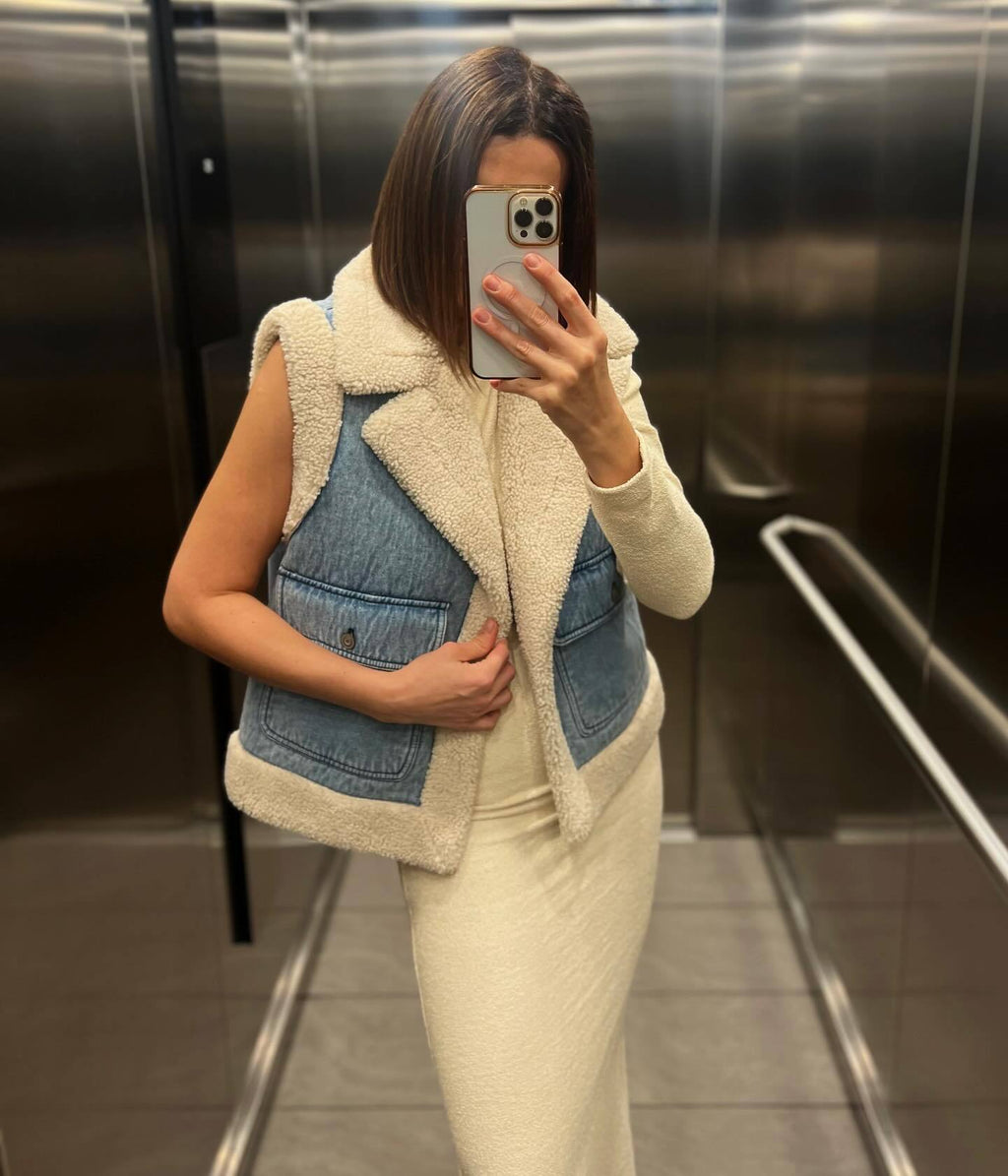 Petronilla | Vintage Denim Vest with Shearling Faux