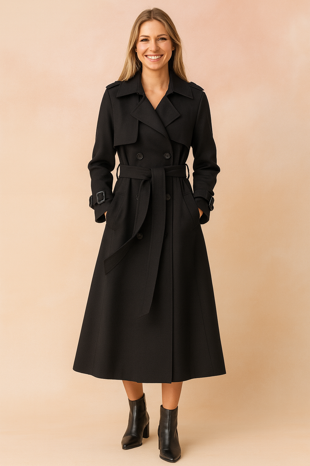 Melissa | Long Trench Coat with Buckle Belt Detail