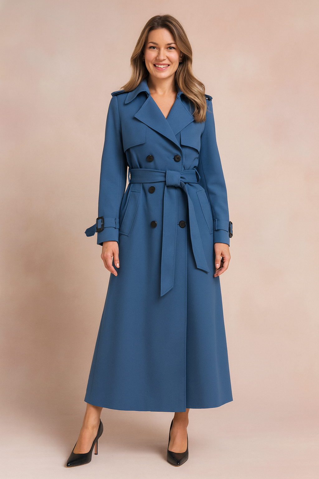 Melissa | Long Trench Coat with Buckle Belt Detail