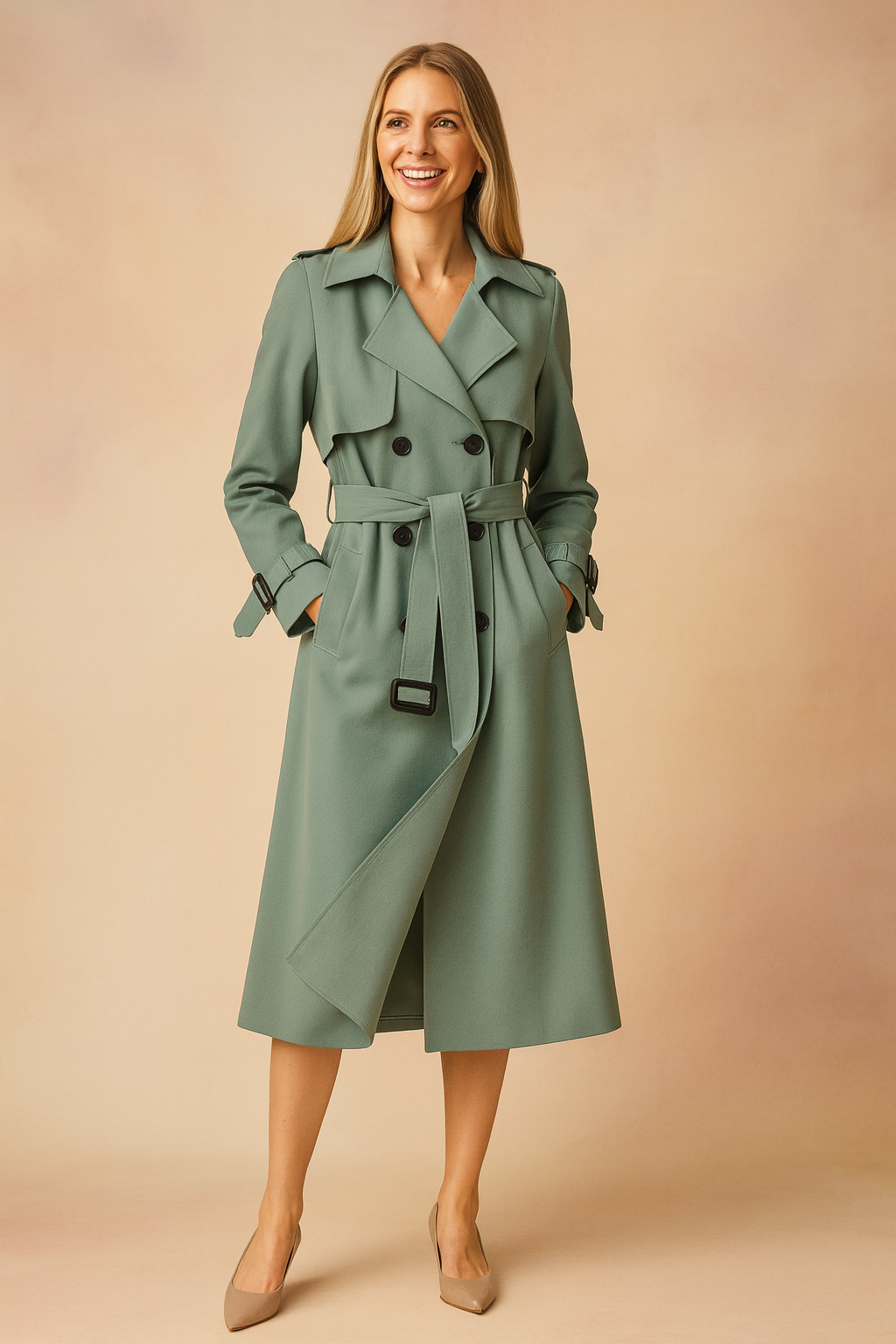 Melissa | Long Trench Coat with Buckle Belt Detail