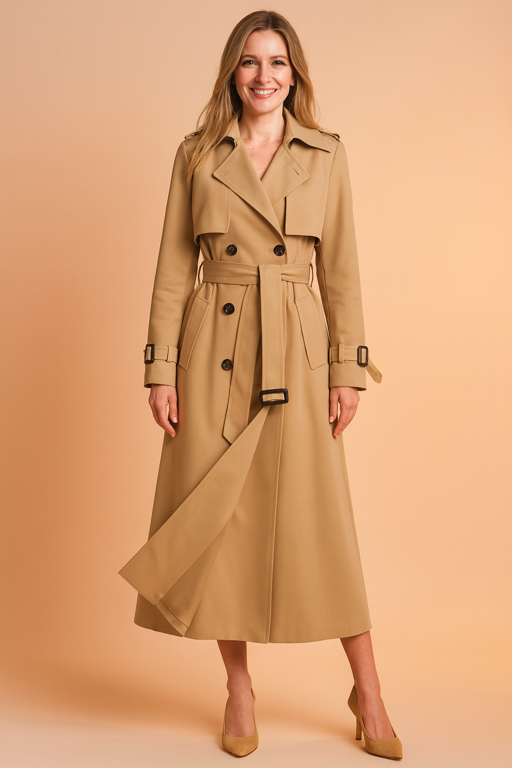 Melissa | Long Trench Coat with Buckle Belt Detail