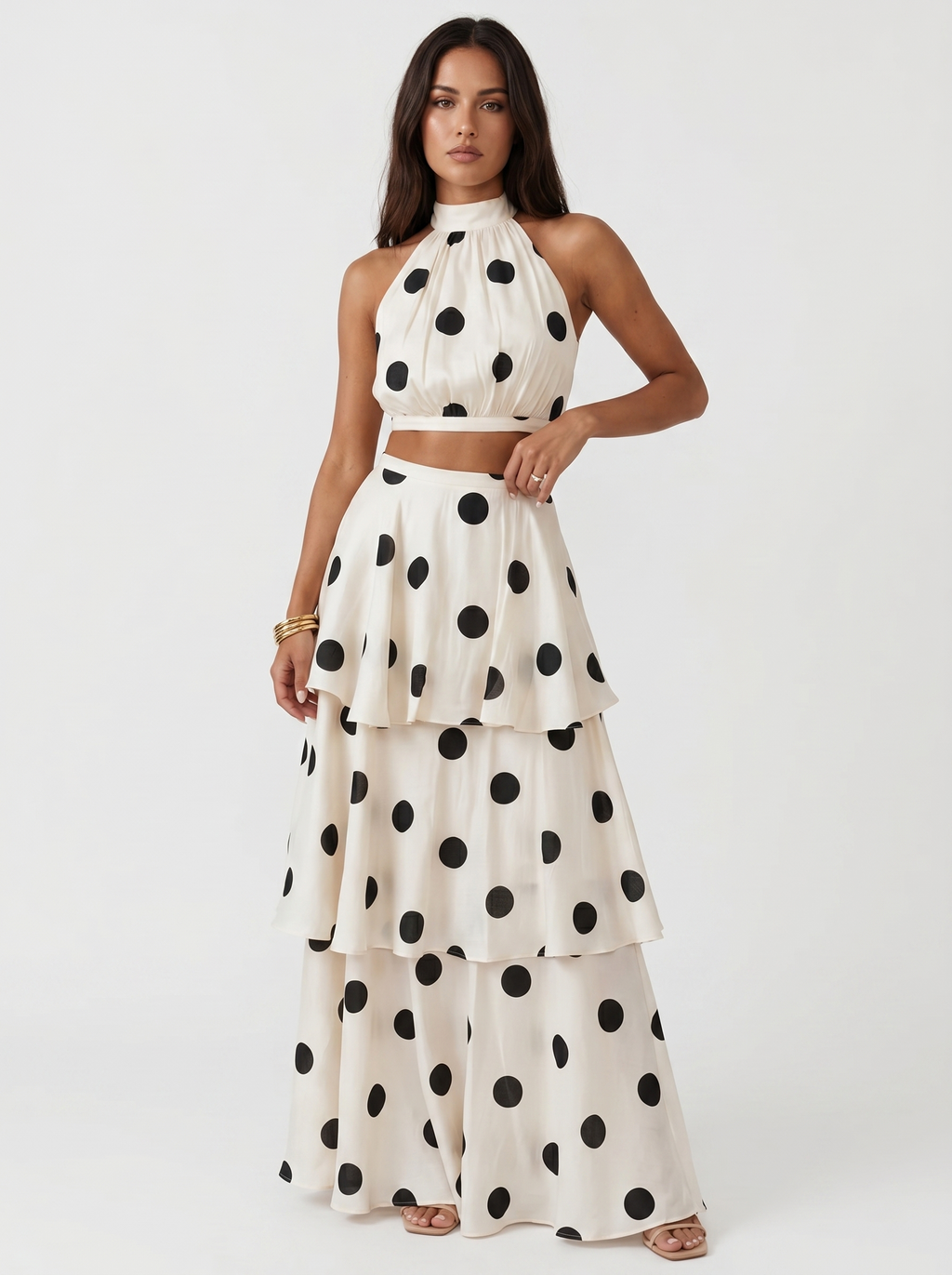 Two-Piece Top Set & Long Skirt with Polka Dot