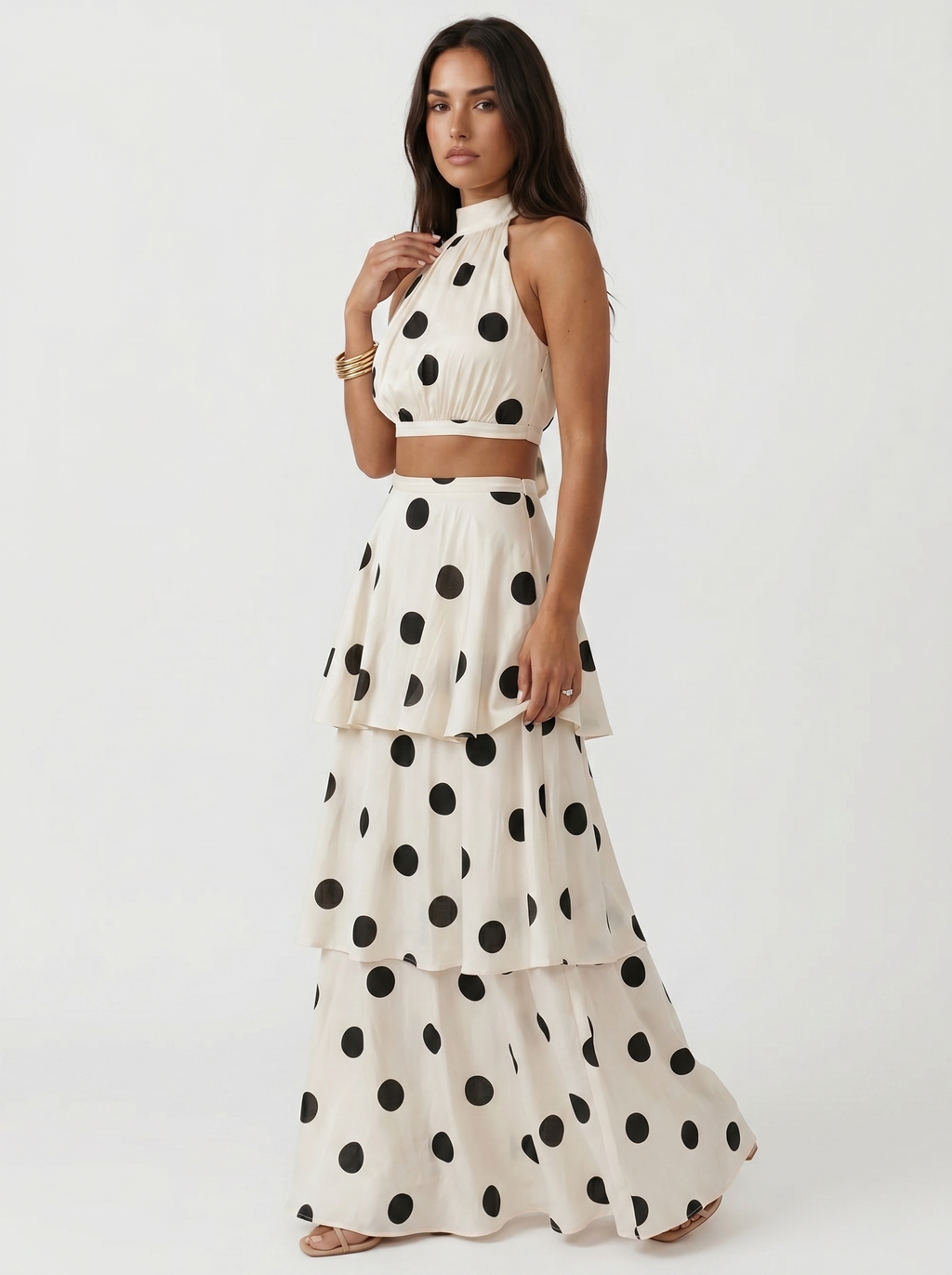 Two-Piece Top Set & Long Skirt with Polka Dot