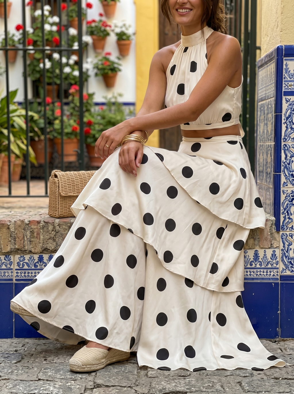 Two-Piece Top Set & Long Skirt with Polka Dot