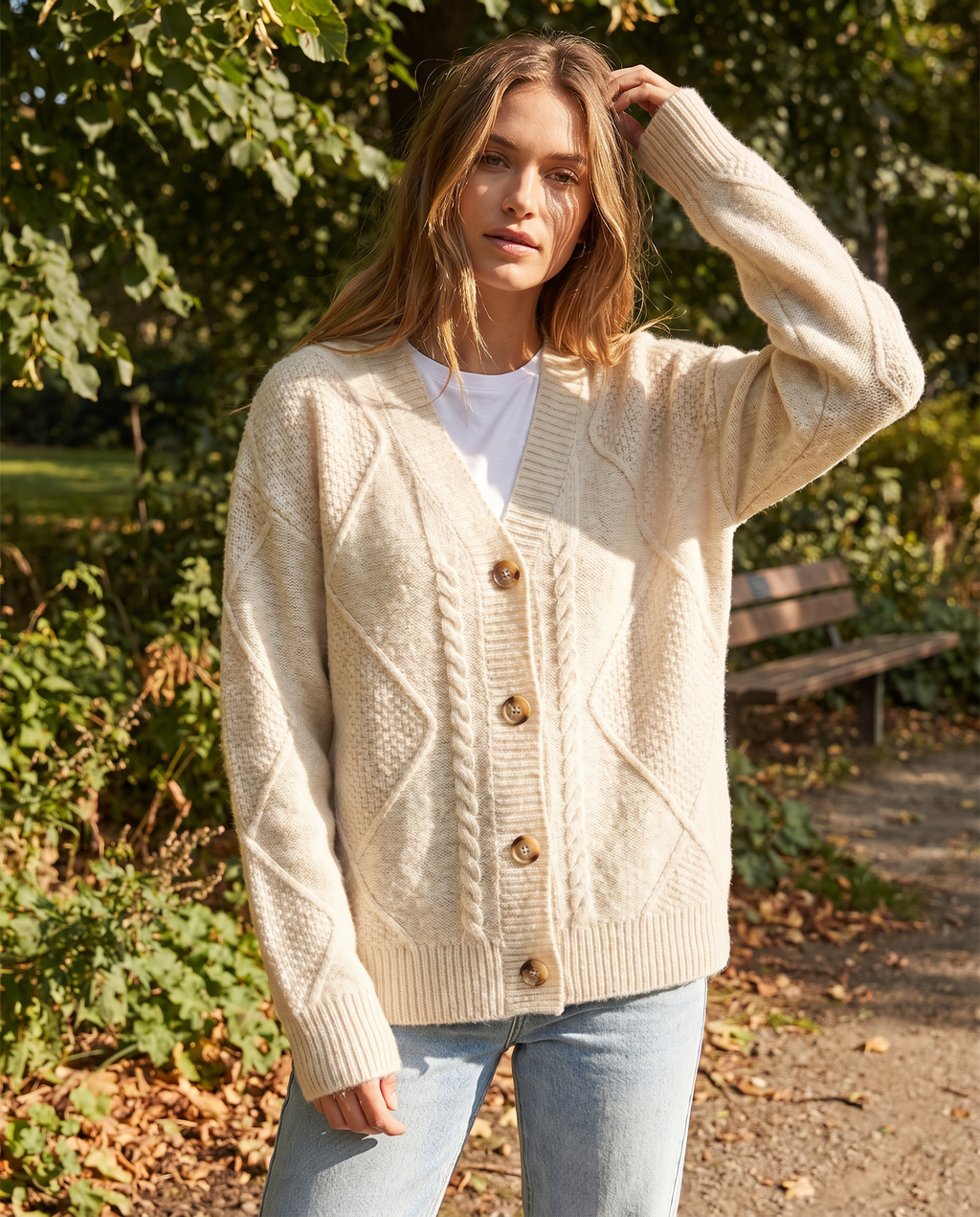 Fernanda | Knit Cardigan with Cable Knit with Buttons On Davanti