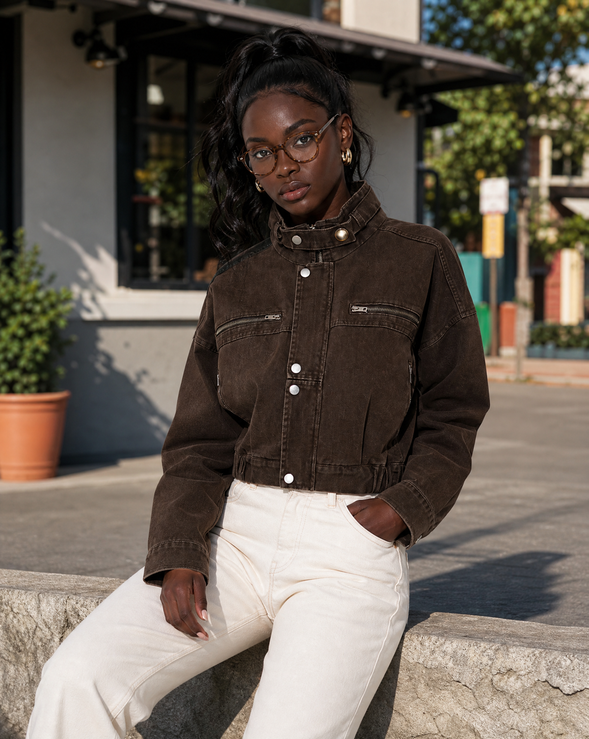 Placida | Short Structured Denim Brown Jacket
