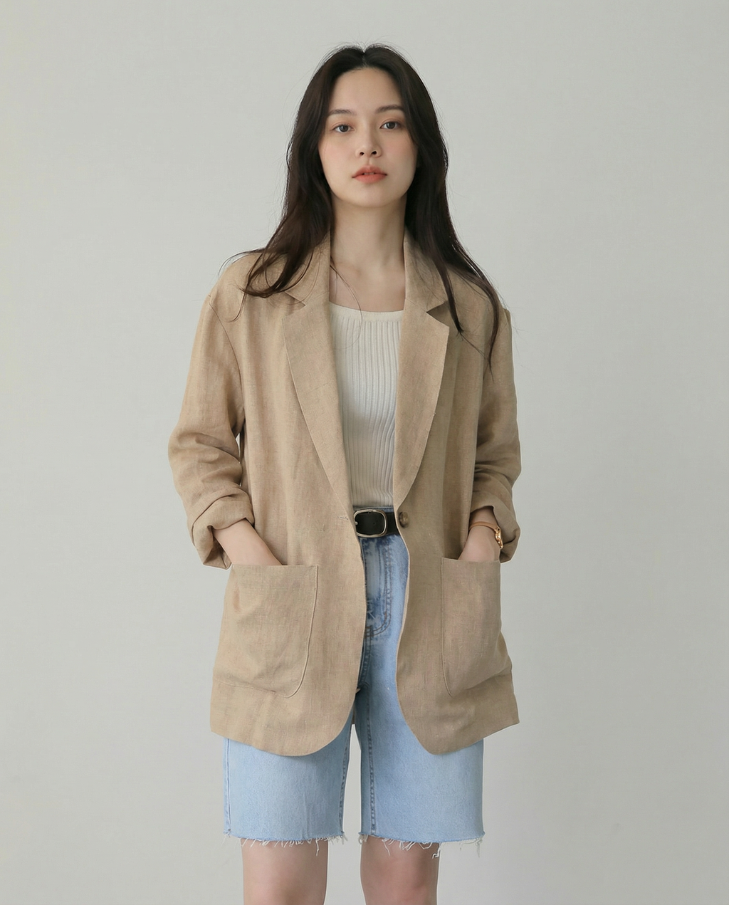 Marta | Mandarin Collar Herringbone Blazer for Spring & Summer