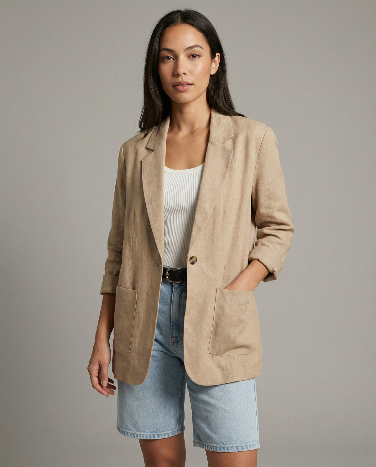 Marta | Mandarin Collar Spigato Blazer – Fit Casual Soft for Primavera & Summer
