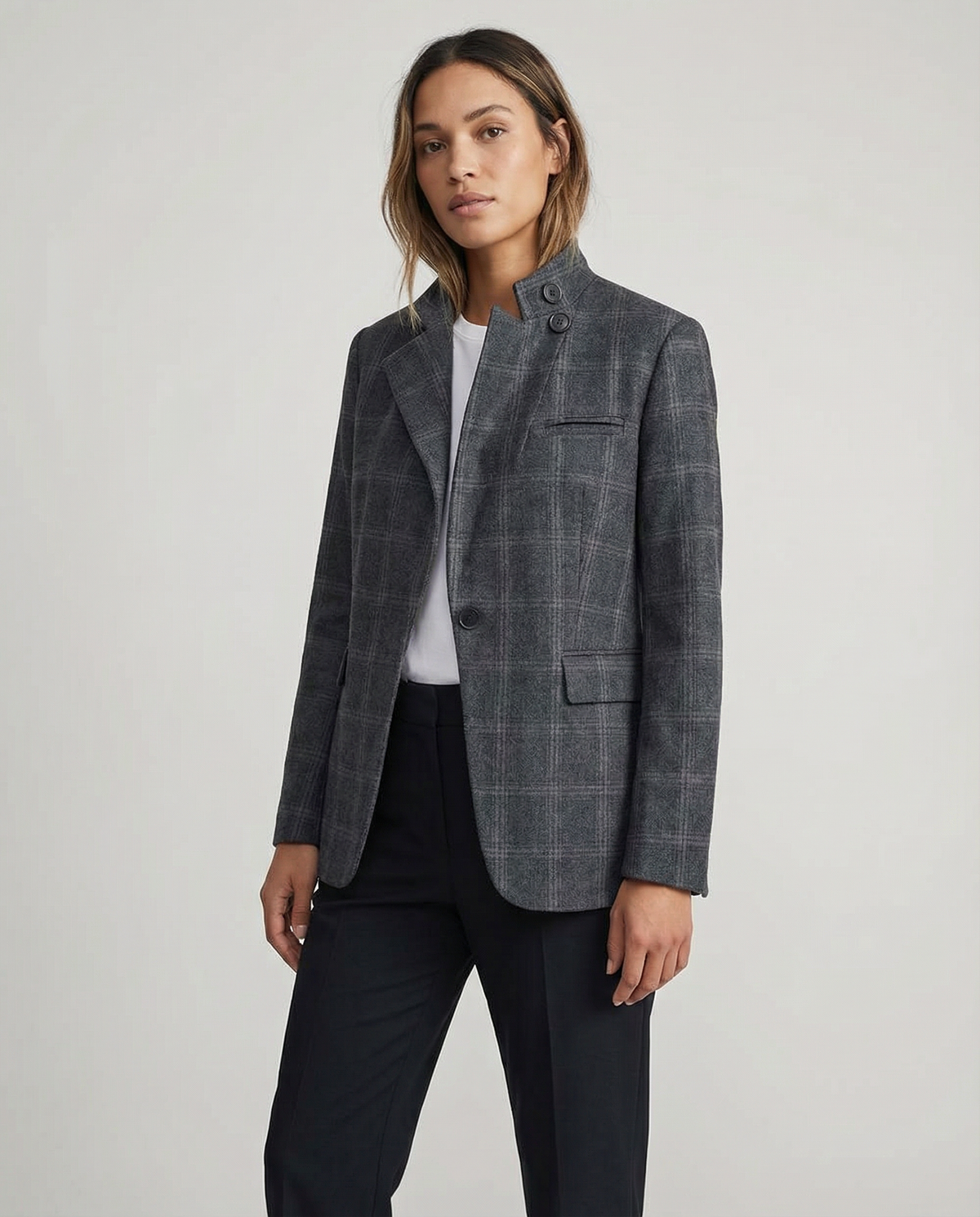 Cinzia | Plaid Blazer – elegant single-button long-sleeve jacket