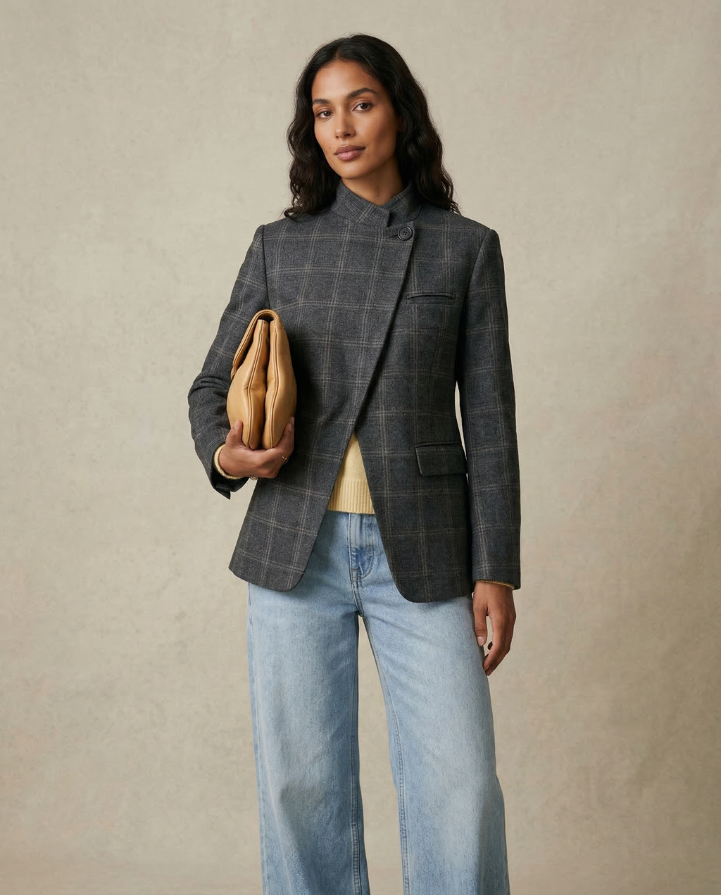 Cinzia | Plaid Blazer – elegant single-button long-sleeve jacket