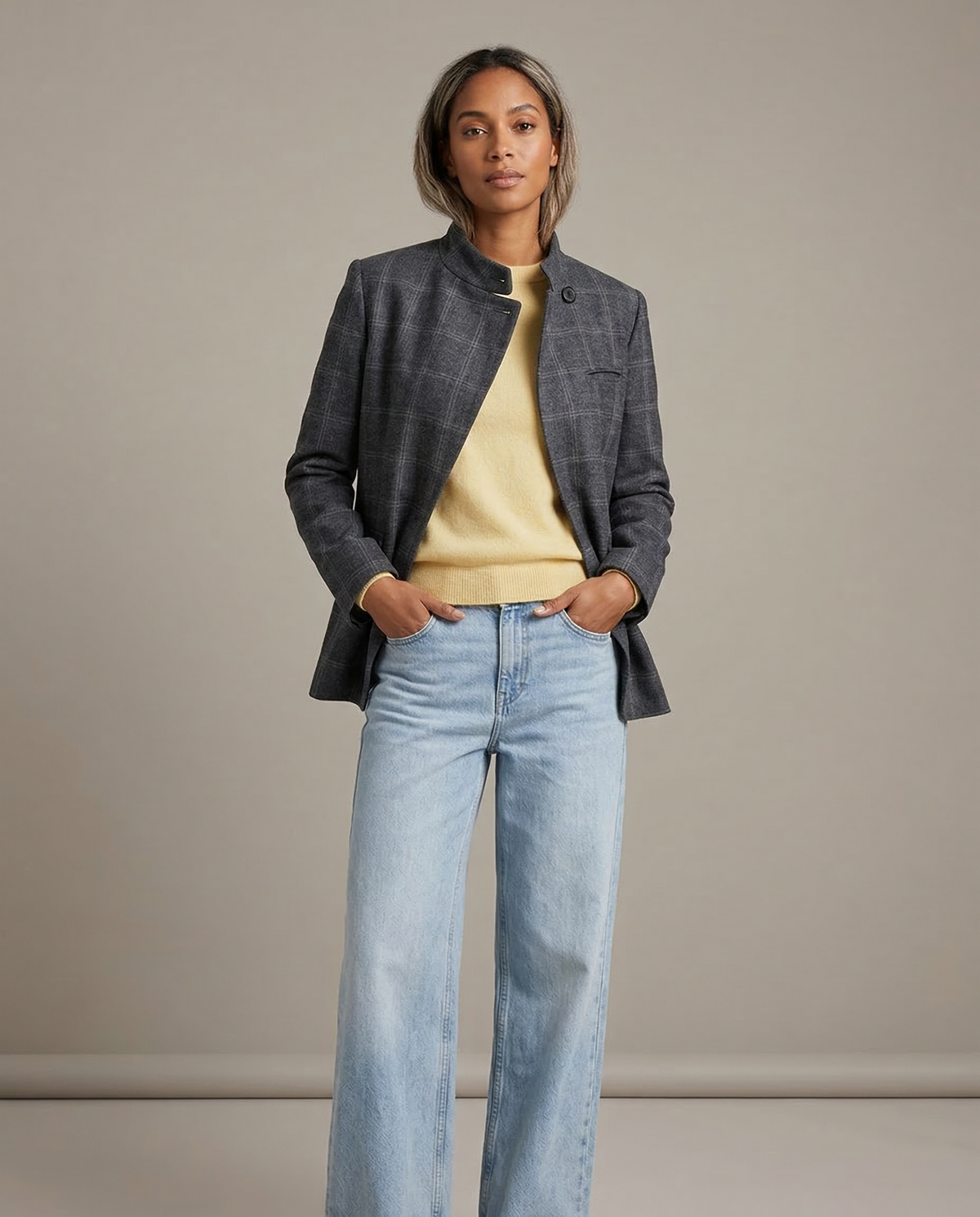 Cinzia | Plaid Blazer – elegant single-button long-sleeve jacket