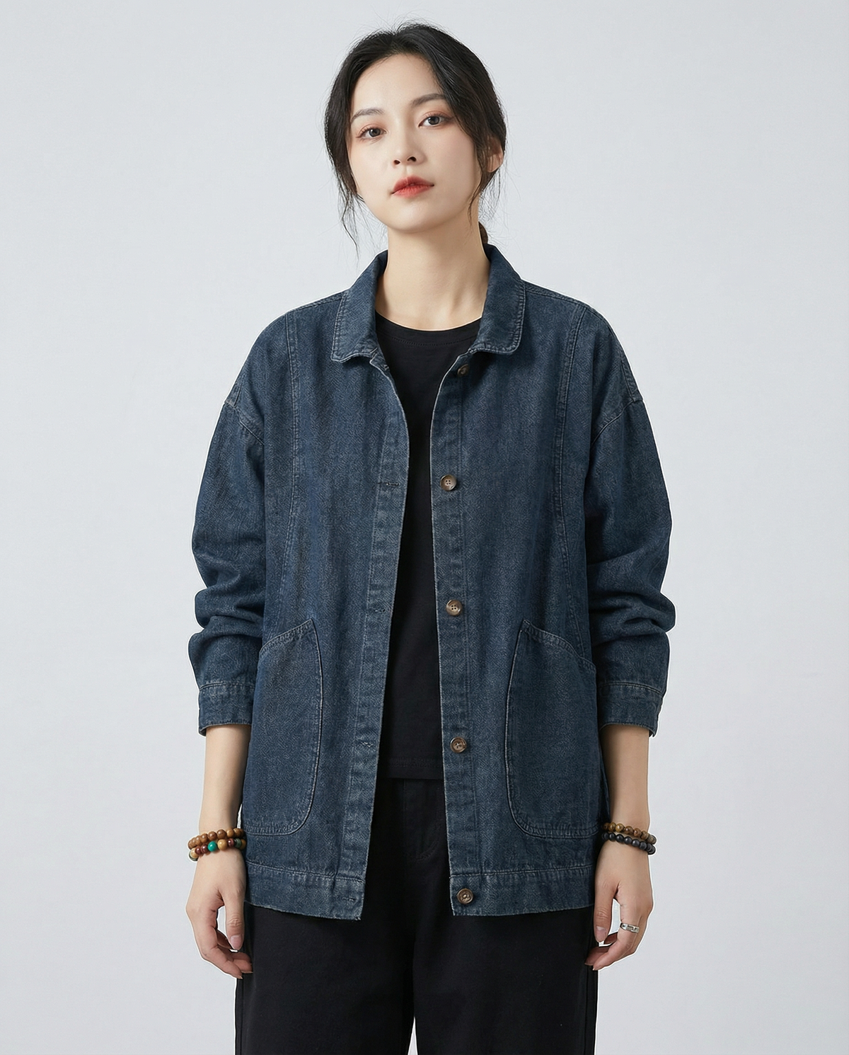 Rina | Oversized Long Denim Jacket with Utility Pockets