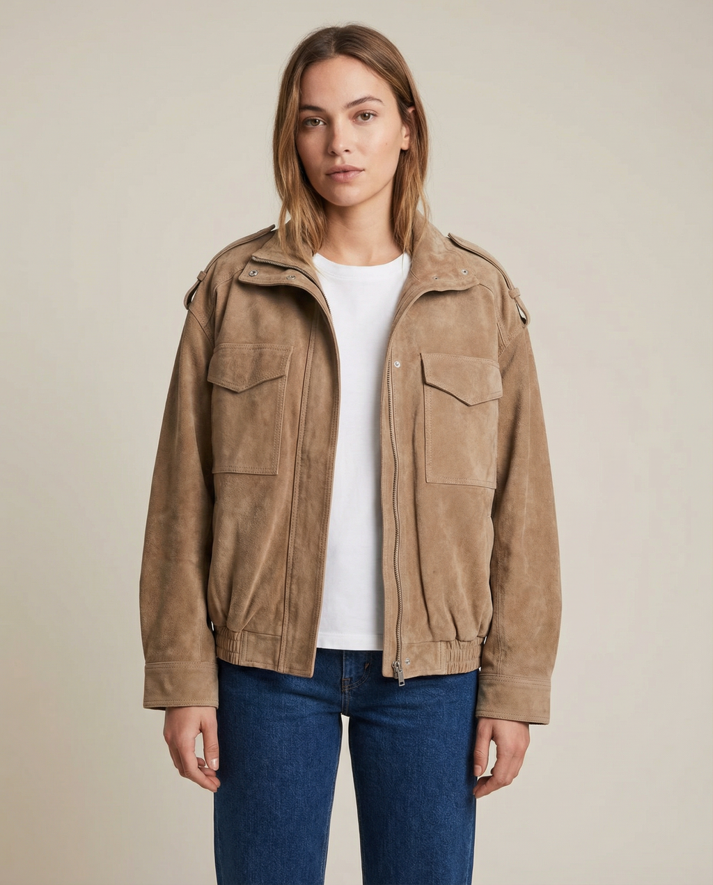 Novella | Oversized Suede Jacket with Hood, Zip & Pockets Utility