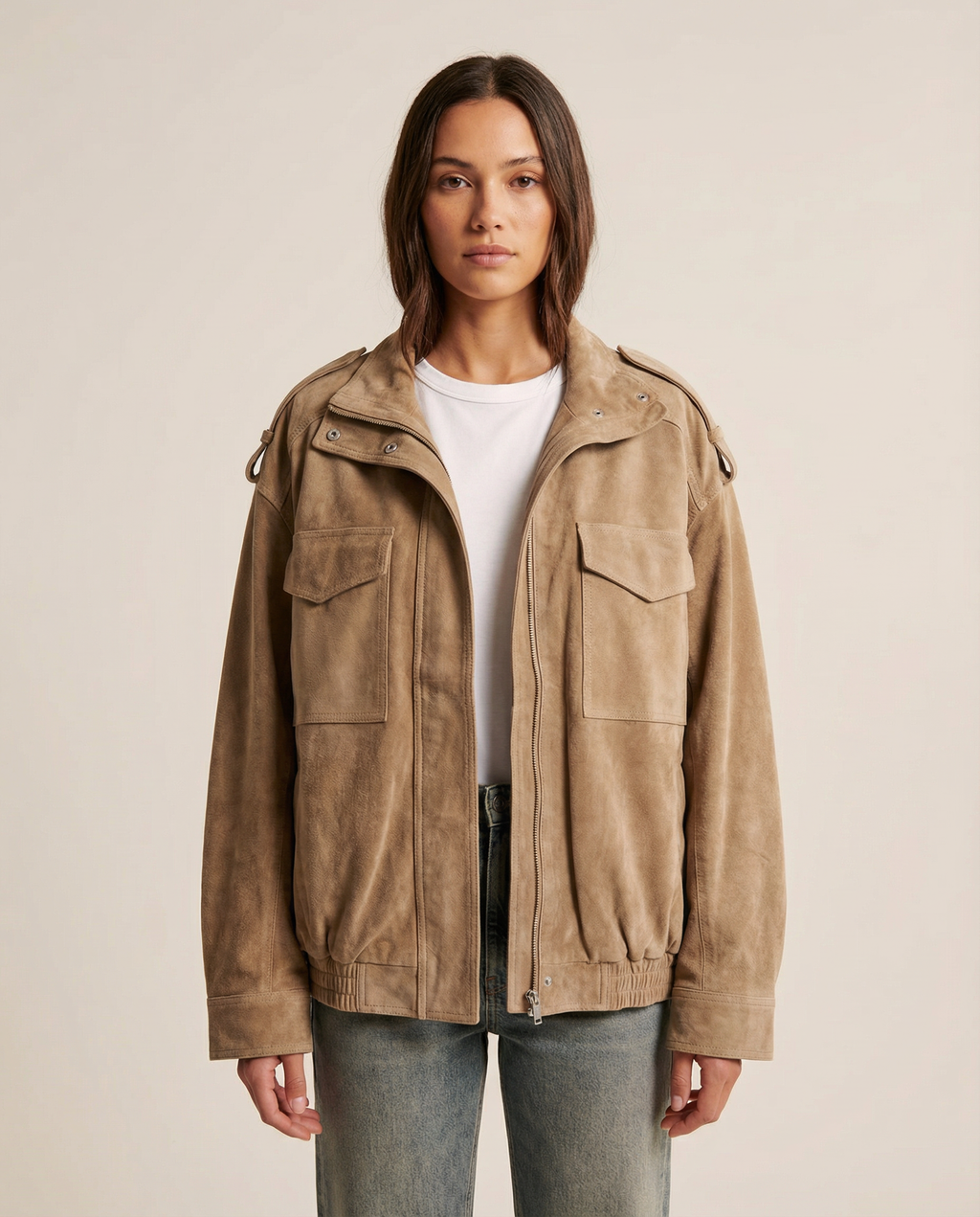 Novella | Oversized Suede Jacket with Hood, Zip & Pockets Utility