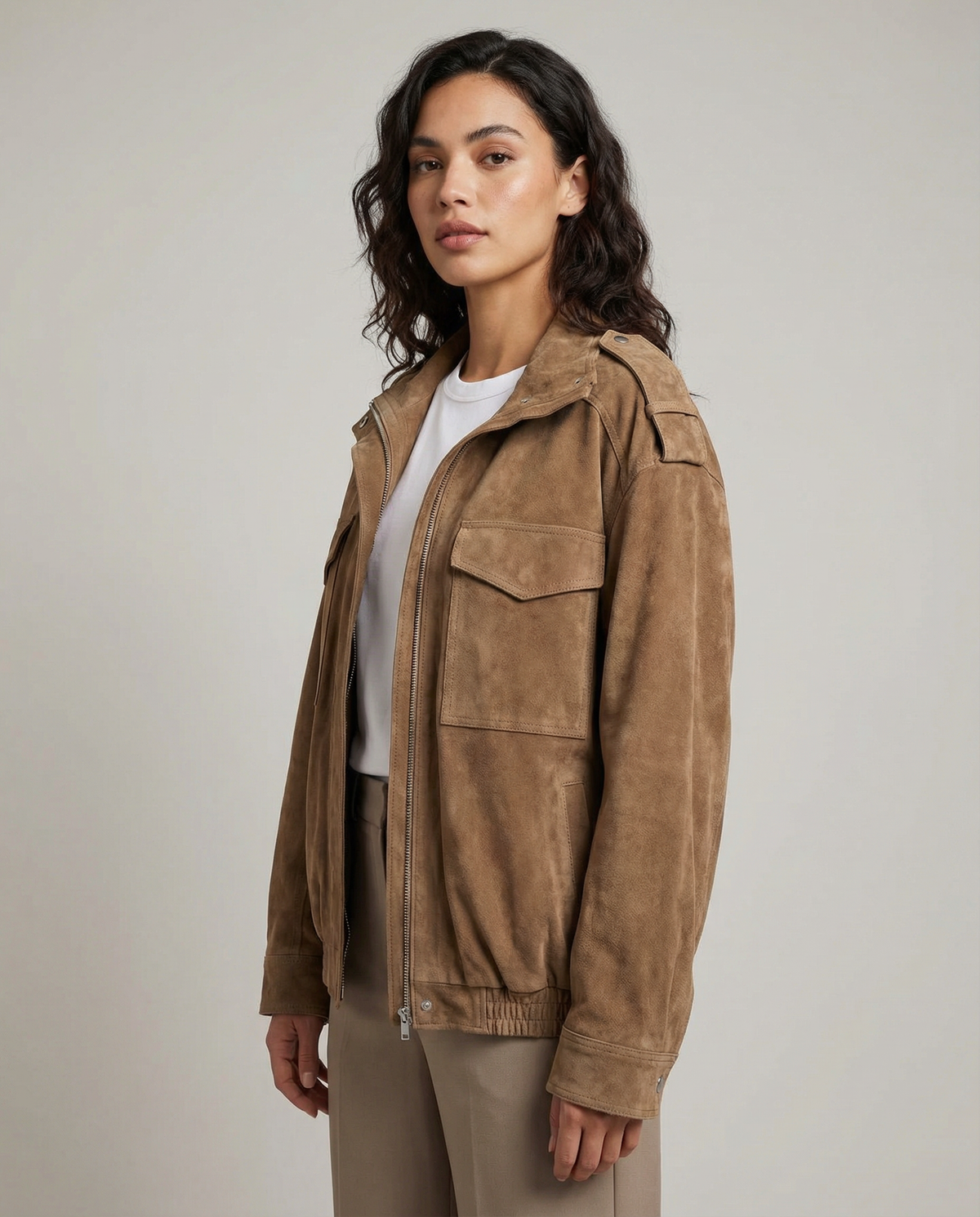 Novella | Oversized suede jacket with hood, zip, and utility pockets