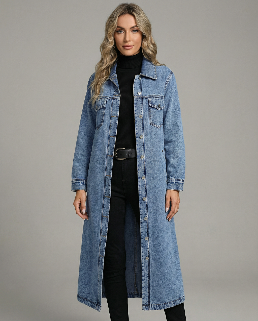 Tarsilla | Long Oversized Denim Coat with Buttons and Classic Collar