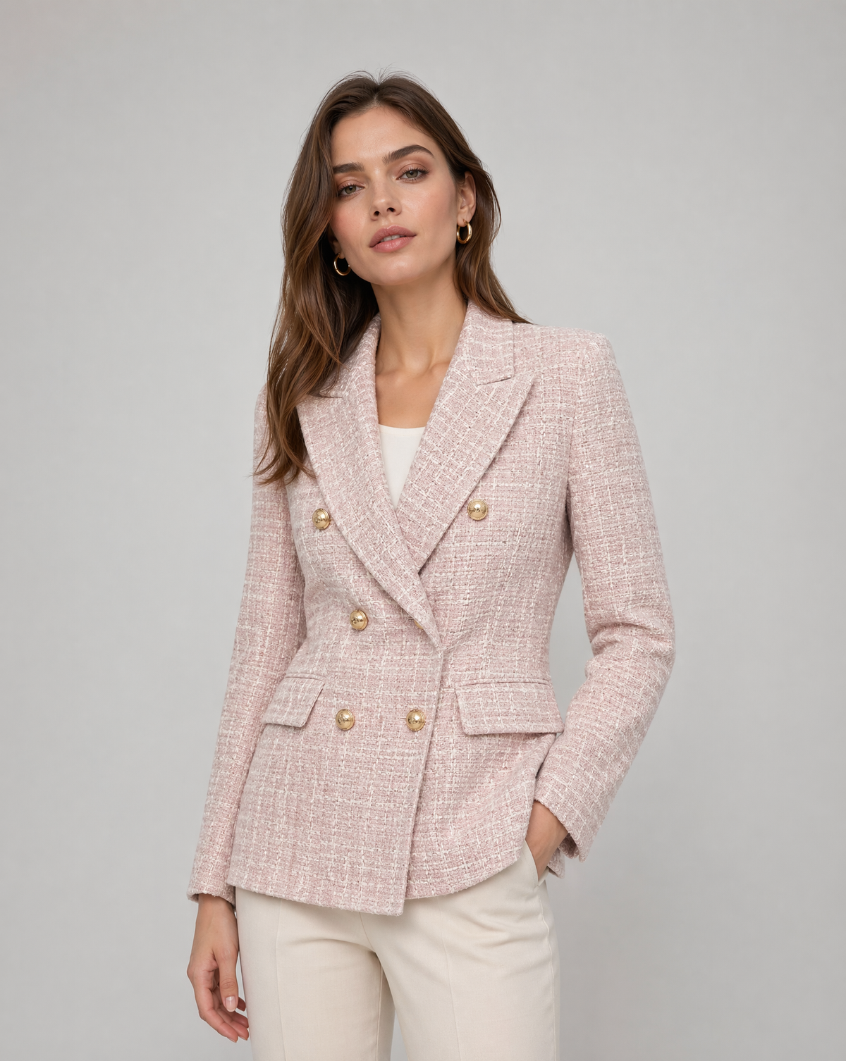 Zita | Pink in Tweed Blazer with Gold Buttons – Classic Double Jacket-Breasted
