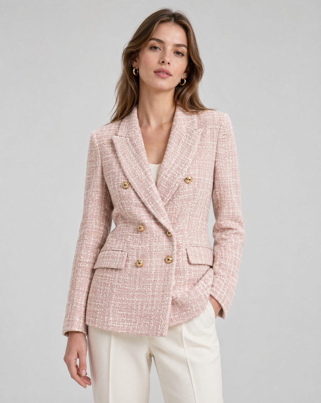 Zita | Pink Tweed Double-Breasted Blazer with Gold Buttons