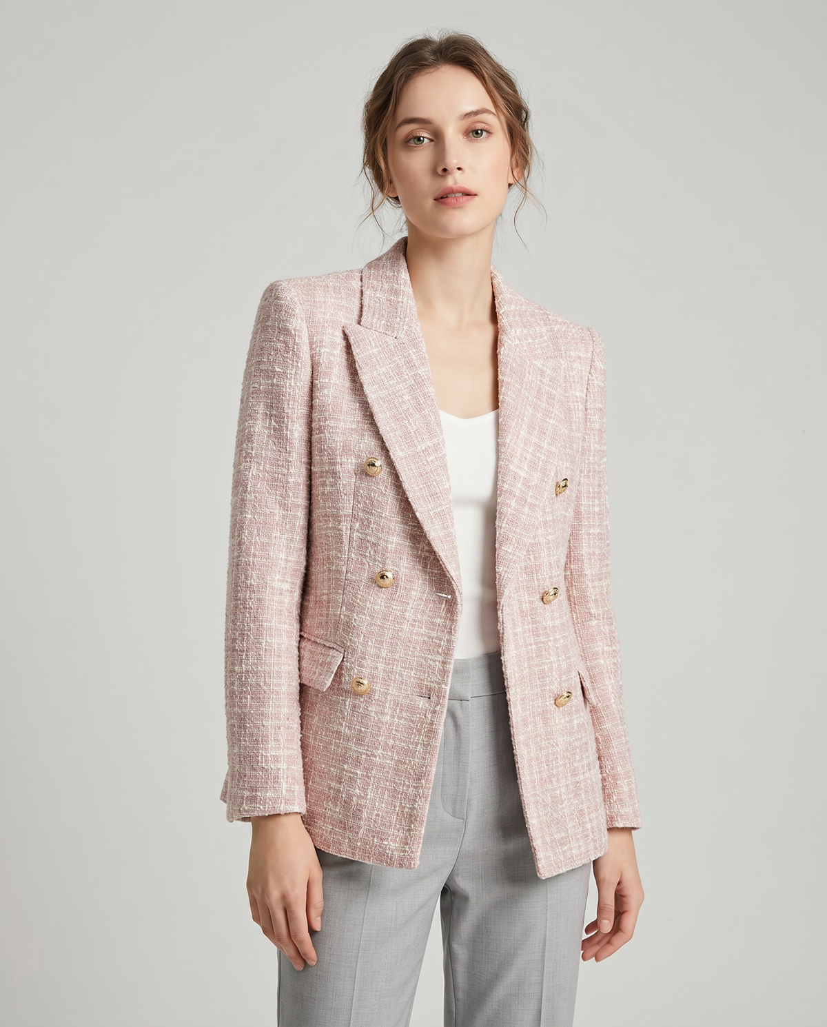 Zita | Pink Tweed Double-Breasted Blazer with Gold Buttons