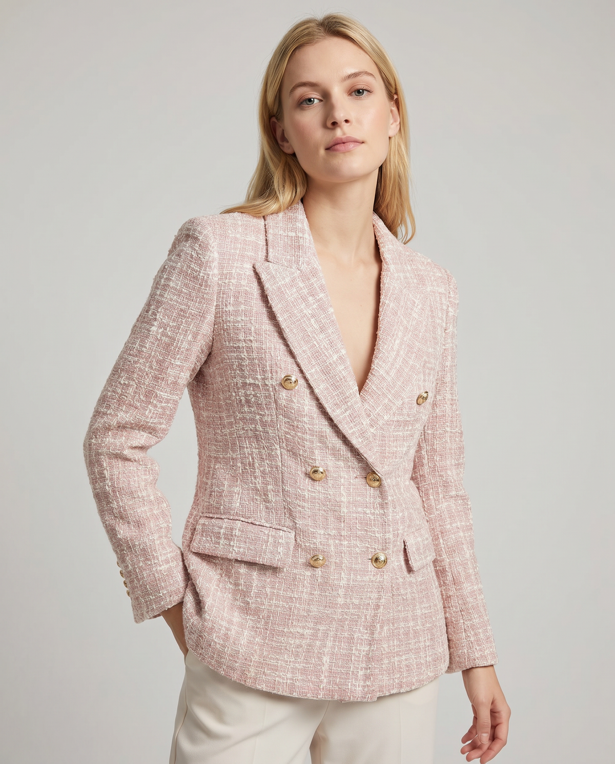 Zita | Pink Tweed Double-Breasted Blazer with Gold Buttons