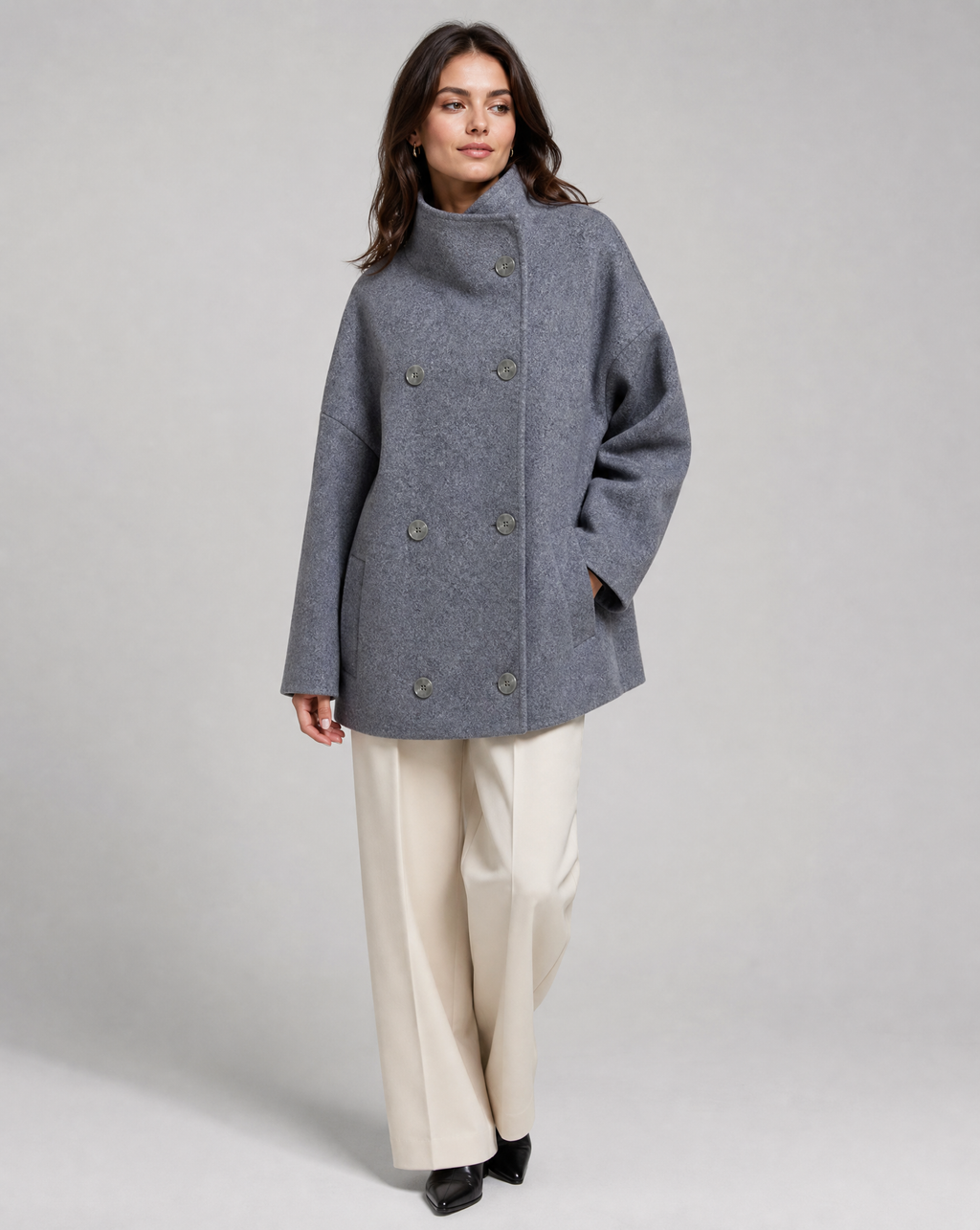 Rina | Pea Coat with Mandarin Collar