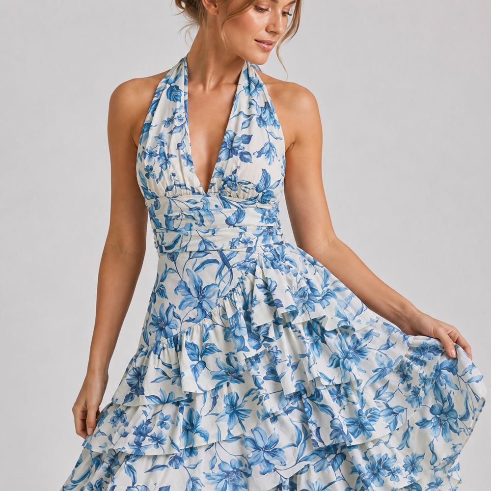 Maria | Long Cotton & Chiffon Dress with Ruffle Hem