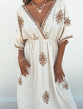 Alessandra | Linen & Cotton Dress with Lace V-Neck