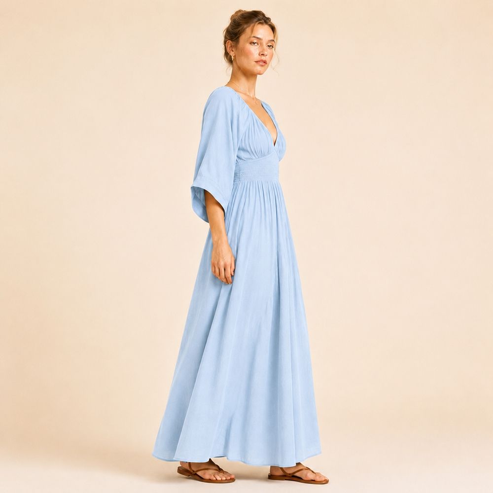 Julia | Long Elegant Cotton Dress with Deep V-Neck & Lace Trim
