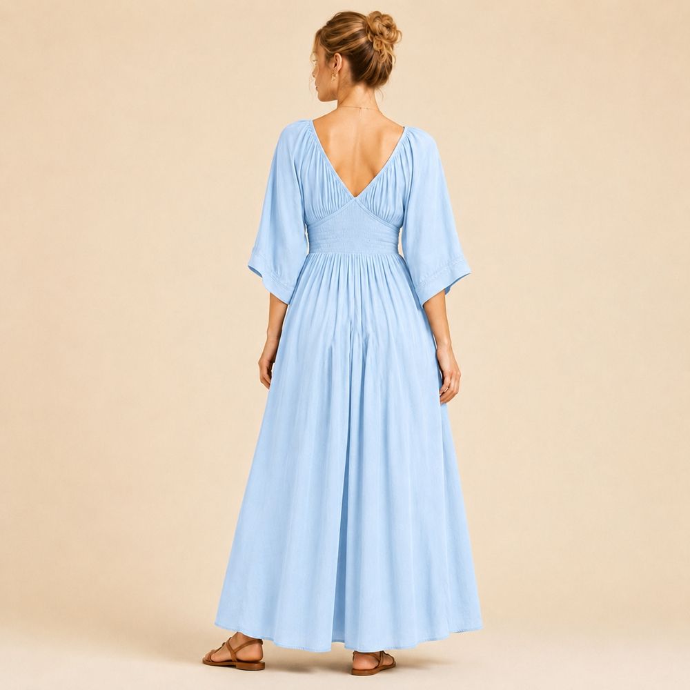 Julia | Long Elegant Cotton Dress with Deep V-Neck & Lace Trim